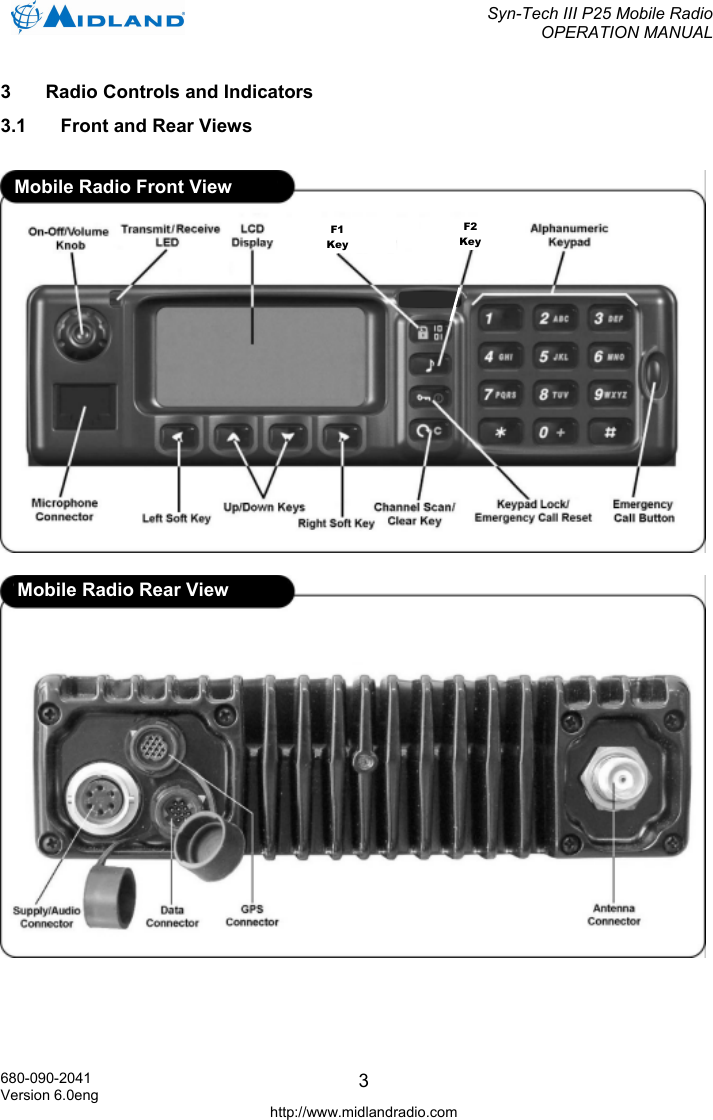  Syn-Tech III P25 Mobile Radio OPERATION MANUAL  680-090-2041 Version 6.0eng http://www.midlandradio.com 33  Radio Controls and Indicators 3.1  Front and Rear Views      Mobile Radio Front View Mobile Radio Rear View F1 Key F2 Key 