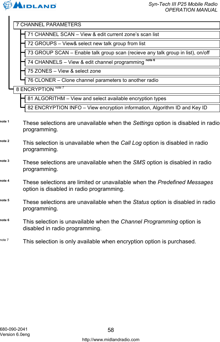  Syn-Tech III P25 Mobile Radio OPERATION MANUAL  680-090-2041 Version 6.0eng http://www.midlandradio.com 58               note 1 These selections are unavailable when the Settings option is disabled in radio programming.  note 2  This selection is unavailable when the Call Log option is disabled in radio programming.  note 3  These selections are unavailable when the SMS option is disabled in radio programming.  note 4  These selections are limited or unavailable when the Predefined Messages option is disabled in radio programming.  note 5  These selections are unavailable when the Status option is disabled in radio programming.  note 6  This selection is unavailable when the Channel Programming option is disabled in radio programming.  note 7  This selection is only available when encryption option is purchased.   8 ENCRYPTION note 7 81 ALGORITHM – View and select available encryption types 82 ENCRYPTION INFO – View encryption information, Algorithm ID and Key ID 7 CHANNEL PARAMETERS 71 CHANNEL SCAN – View &amp; edit current zone’s scan list 72 GROUPS – View&amp; select new talk group from list 73 GROUP SCAN – Enable talk group scan (recieve any talk group in list), on/off 74 CHANNELS – View &amp; edit channel programming note 6 75 ZONES – View &amp; select zone 76 CLONER – Clone channel parameters to another radio 