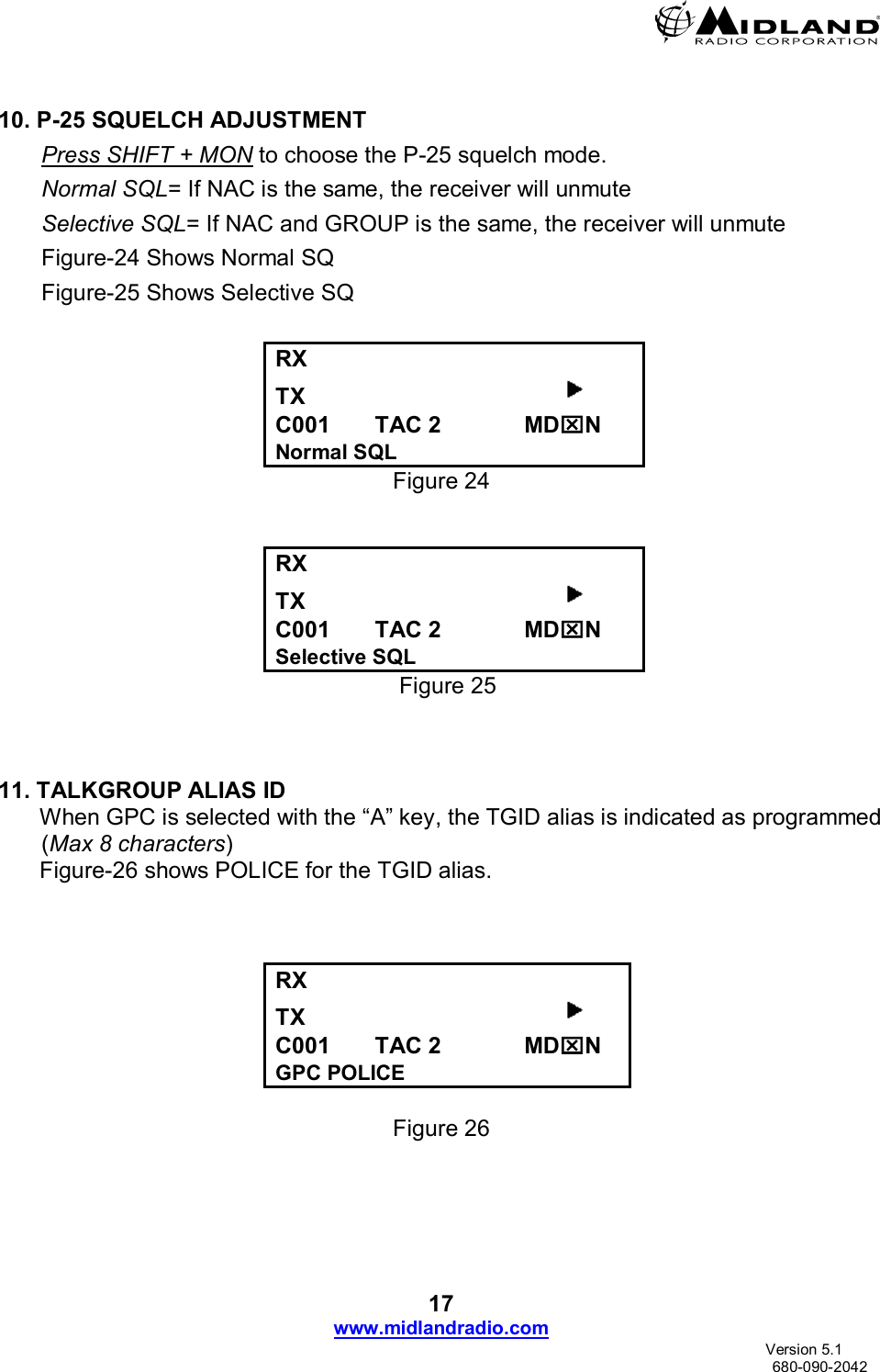  17 www.midlandradio.com                               Version 5.1     680-090-2042  10. P-25 SQUELCH ADJUSTMENT Press SHIFT + MON to choose the P-25 squelch mode. Normal SQL= If NAC is the same, the receiver will unmute Selective SQL= If NAC and GROUP is the same, the receiver will unmute Figure-24 Shows Normal SQ  Figure-25 Shows Selective SQ  RX      TX                                          C001       TAC 2             MDN Normal SQL Figure 24   RX      TX                                          C001       TAC 2             MDN Selective SQL   Figure 25    11. TALKGROUP ALIAS ID When GPC is selected with the “A” key, the TGID alias is indicated as programmed (Max 8 characters)  Figure-26 shows POLICE for the TGID alias.    RX      TX                                          C001       TAC 2             MDN GPC POLICE  Figure 26 