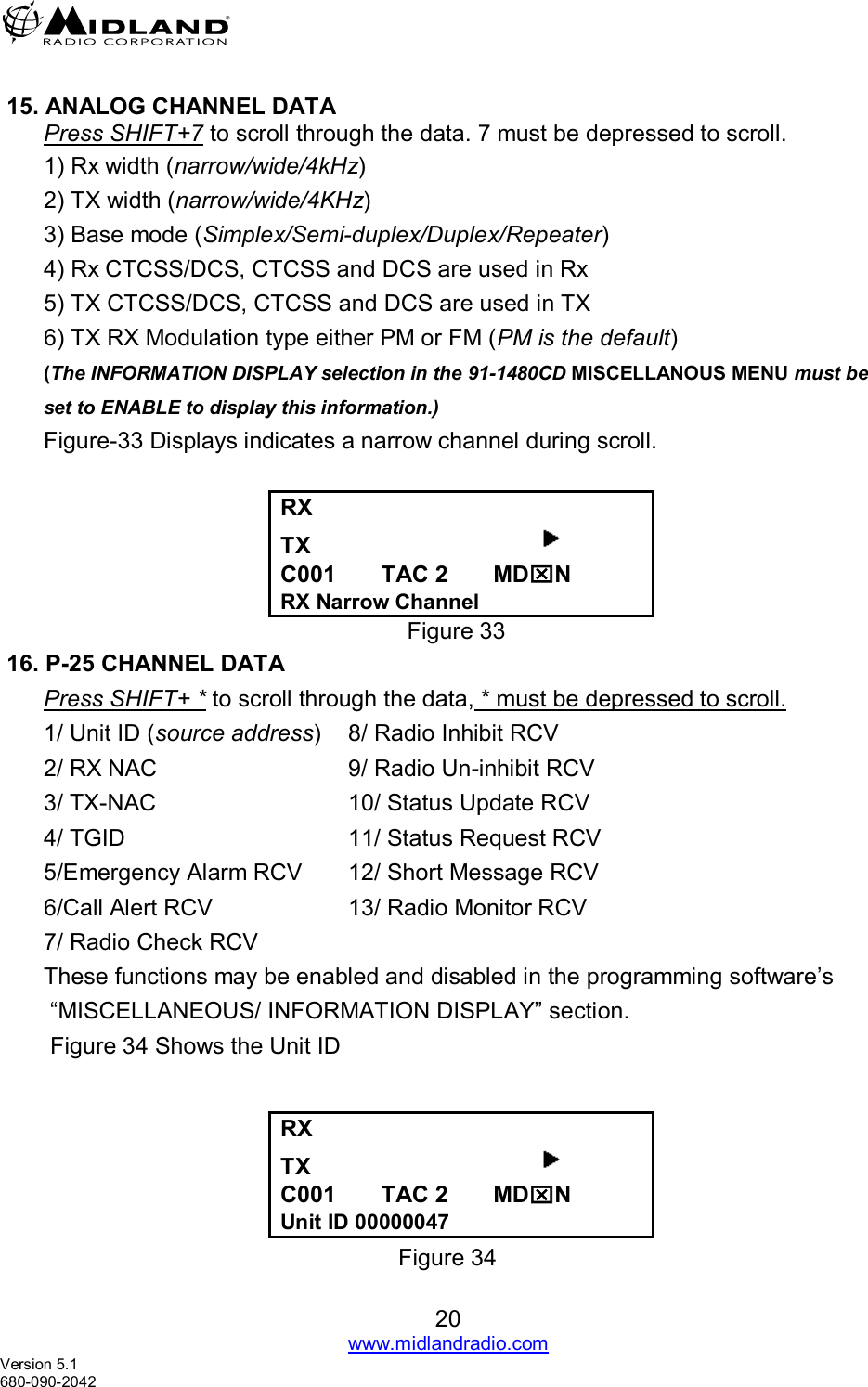   20 www.midlandradio.com Version 5.1 680-090-2042   15. ANALOG CHANNEL DATA Press SHIFT+7 to scroll through the data. 7 must be depressed to scroll. 1) Rx width (narrow/wide/4kHz) 2) TX width (narrow/wide/4KHz) 3) Base mode (Simplex/Semi-duplex/Duplex/Repeater) 4) Rx CTCSS/DCS, CTCSS and DCS are used in Rx 5) TX CTCSS/DCS, CTCSS and DCS are used in TX  6) TX RX Modulation type either PM or FM (PM is the default) (The INFORMATION DISPLAY selection in the 91-1480CD MISCELLANOUS MENU must be set to ENABLE to display this information.) Figure-33 Displays indicates a narrow channel during scroll.  RX    TX                                     C001       TAC 2       MDN RX Narrow Channel           Figure 33  16. P-25 CHANNEL DATA Press SHIFT+ * to scroll through the data, * must be depressed to scroll. 1/ Unit ID (source address)  8/ Radio Inhibit RCV 2/ RX NAC      9/ Radio Un-inhibit RCV 3/ TX-NAC      10/ Status Update RCV 4/ TGID        11/ Status Request RCV 5/Emergency Alarm RCV  12/ Short Message RCV       6/Call Alert RCV    13/ Radio Monitor RCV 7/ Radio Check RCV These functions may be enabled and disabled in the programming software’s  “MISCELLANEOUS/ INFORMATION DISPLAY” section.  Figure 34 Shows the Unit ID   RX    TX                                     C001       TAC 2       MDN Unit ID 00000047 Figure 34 