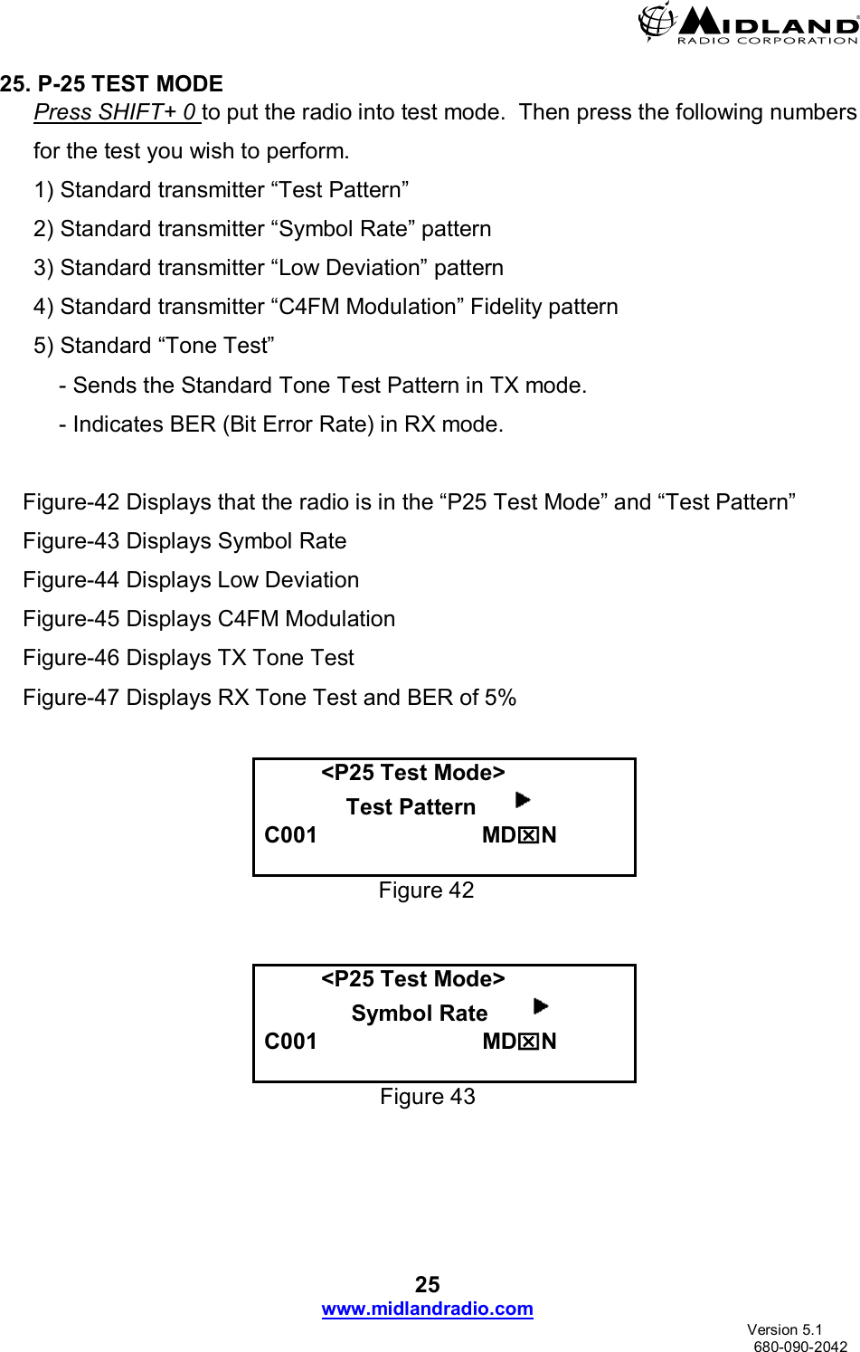  25 www.midlandradio.com                               Version 5.1     680-090-2042 25. P-25 TEST MODE Press SHIFT+ 0 to put the radio into test mode.  Then press the following numbers for the test you wish to perform.  1) Standard transmitter “Test Pattern” 2) Standard transmitter “Symbol Rate” pattern 3) Standard transmitter “Low Deviation” pattern 4) Standard transmitter “C4FM Modulation” Fidelity pattern 5) Standard “Tone Test”  - Sends the Standard Tone Test Pattern in TX mode. - Indicates BER (Bit Error Rate) in RX mode.  Figure-42 Displays that the radio is in the “P25 Test Mode” and “Test Pattern”  Figure-43 Displays Symbol Rate Figure-44 Displays Low Deviation  Figure-45 Displays C4FM Modulation Figure-46 Displays TX Tone Test Figure-47 Displays RX Tone Test and BER of 5%           &lt;P25 Test Mode&gt;                           Test Pattern       C001                          MDN  Figure 42            &lt;P25 Test Mode&gt;                Symbol Rate        C001                          MDN  Figure 43 
