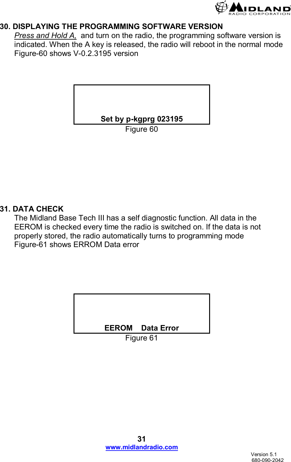  31 www.midlandradio.com                               Version 5.1     680-090-2042 30. DISPLAYING THE PROGRAMMING SOFTWARE VERSION Press and Hold A,  and turn on the radio, the programming software version is indicated. When the A key is released, the radio will reboot in the normal mode Figure-60 shows V-0.2.3195 version       Set by p-kgprg 023195 Figure 60         31. DATA CHECK The Midland Base Tech III has a self diagnostic function. All data in the EEROM is checked every time the radio is switched on. If the data is not properly stored, the radio automatically turns to programming mode  Figure-61 shows ERROM Data error         EEROM    Data Error Figure 61   