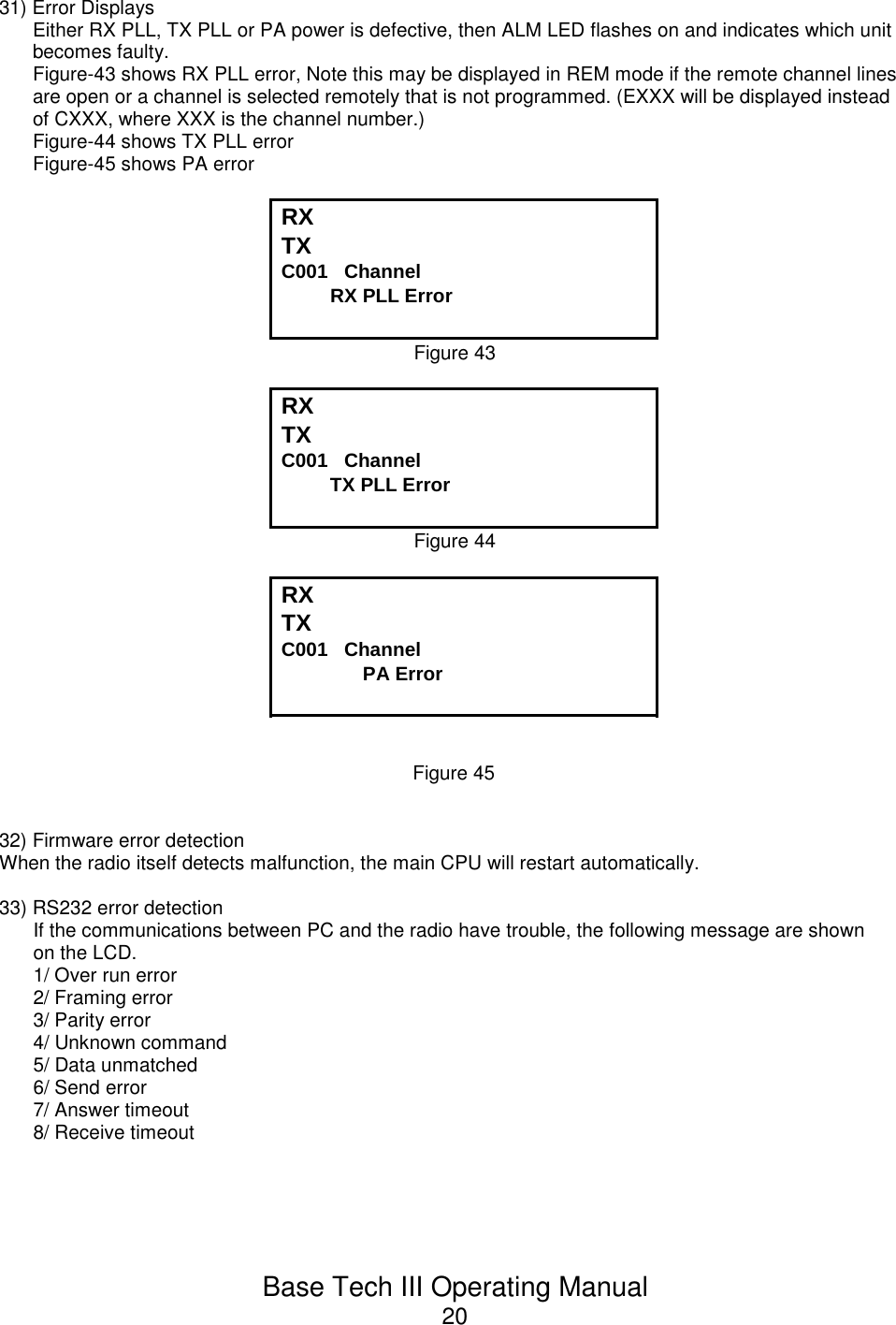 Base Tech III Operating Manual2031) Error DisplaysEither RX PLL, TX PLL or PA power is defective, then ALM LED flashes on and indicates which unitbecomes faulty.Figure-43 shows RX PLL error, Note this may be displayed in REM mode if the remote channel linesare open or a channel is selected remotely that is not programmed. (EXXX will be displayed insteadof CXXX, where XXX is the channel number.)Figure-44 shows TX PLL errorFigure-45 shows PA errorRX TX  C001   Channel                      RX PLL ErrorFigure 43RX TX  C001   Channel                      TX PLL ErrorFigure 44RX TX  C001   Channel                            PA ErrorFigure 4532) Firmware error detectionWhen the radio itself detects malfunction, the main CPU will restart automatically.33) RS232 error detectionIf the communications between PC and the radio have trouble, the following message are shownon the LCD.1/ Over run error2/ Framing error3/ Parity error4/ Unknown command5/ Data unmatched6/ Send error7/ Answer timeout8/ Receive timeout