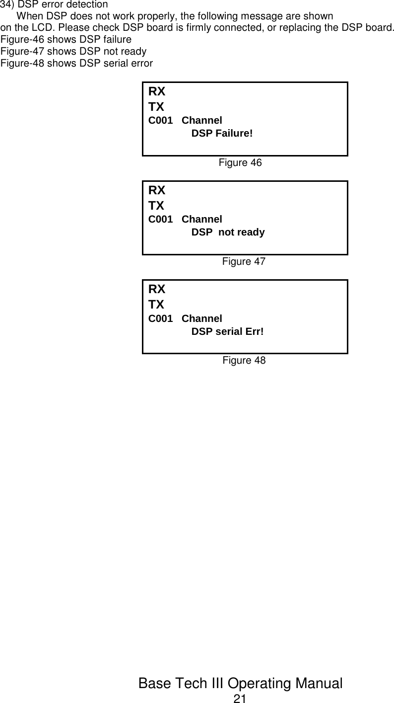 Base Tech III Operating Manual2134) DSP error detectionWhen DSP does not work properly, the following message are shownon the LCD. Please check DSP board is firmly connected, or replacing the DSP board.Figure-46 shows DSP failureFigure-47 shows DSP not readyFigure-48 shows DSP serial errorRX TX  C001   Channel                            DSP Failure!Figure 46RX TX  C001   Channel                            DSP  not readyFigure 47RX TX  C001   Channel                            DSP serial Err!Figure 48