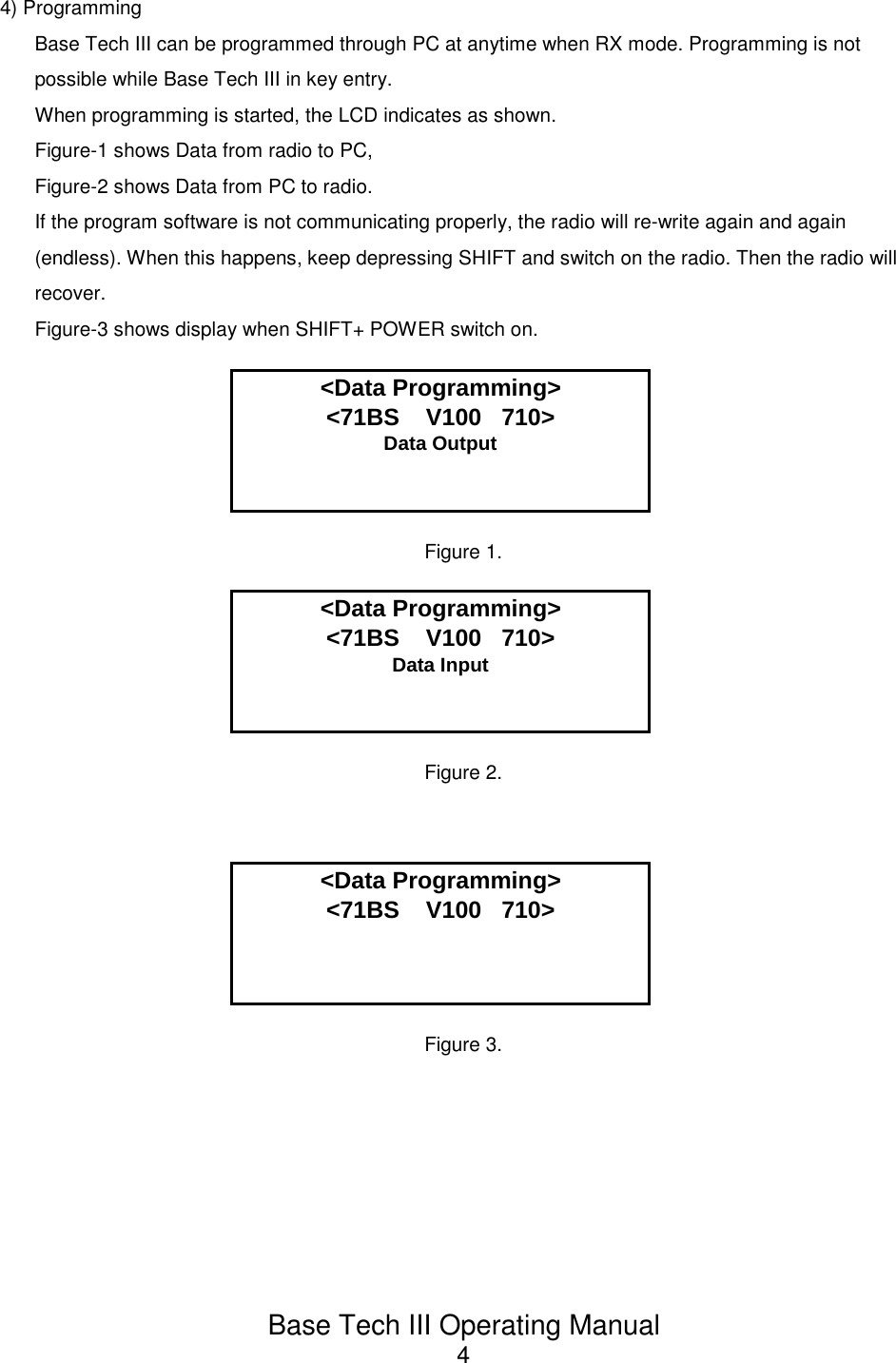 Base Tech III Operating Manual44) ProgrammingBase Tech III can be programmed through PC at anytime when RX mode. Programming is notpossible while Base Tech III in key entry.When programming is started, the LCD indicates as shown.Figure-1 shows Data from radio to PC, Figure-2 shows Data from PC to radio.If the program software is not communicating properly, the radio will re-write again and again(endless). When this happens, keep depressing SHIFT and switch on the radio. Then the radio willrecover.Figure-3 shows display when SHIFT+ POWER switch on.&lt;Data Programming&gt;&lt;71BS    V100   710&gt;Data OutputFigure 1.&lt;Data Programming&gt;&lt;71BS    V100   710&gt;Data InputFigure 2.&lt;Data Programming&gt;&lt;71BS    V100   710&gt;Figure 3.