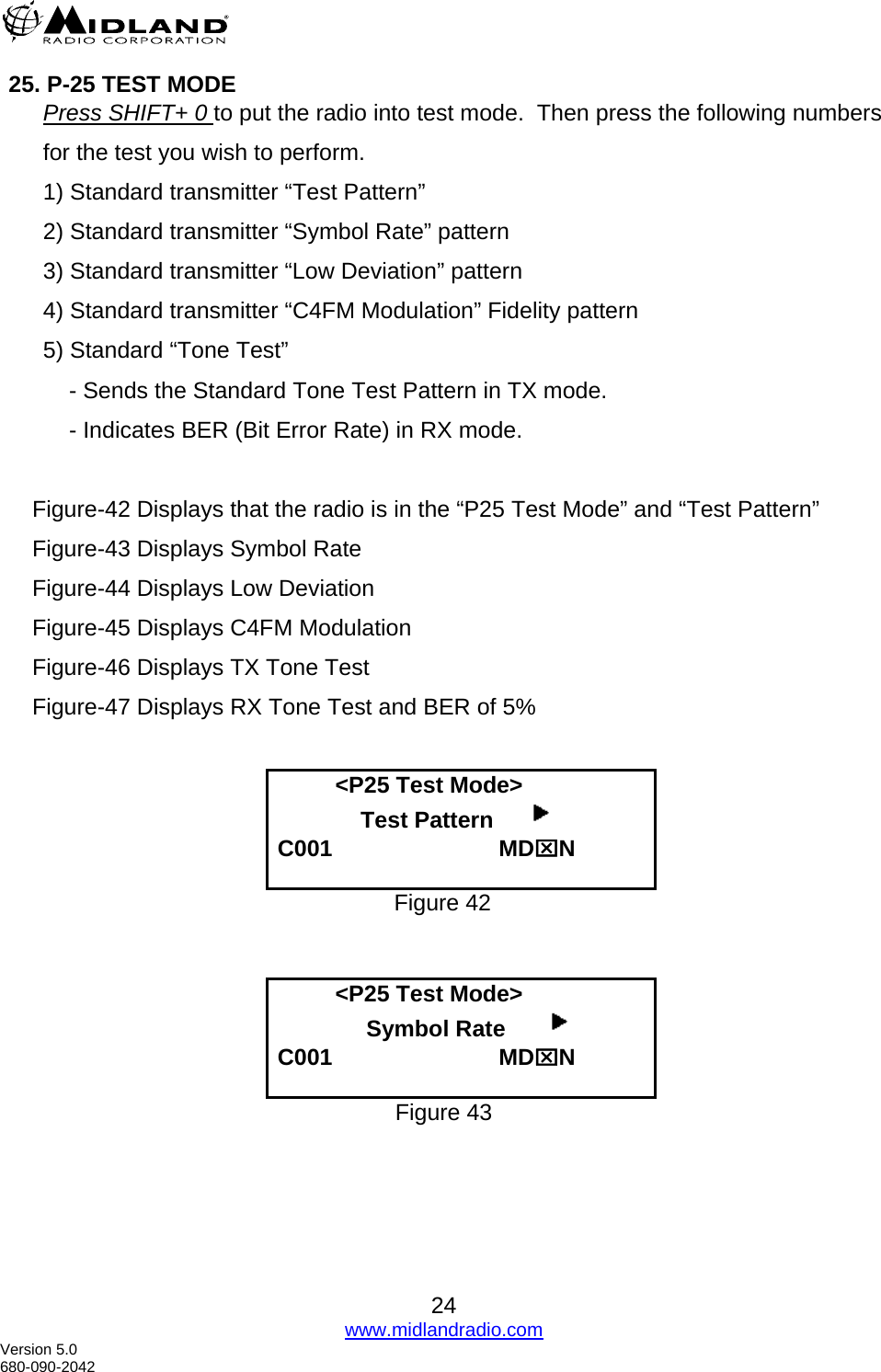  25. P-25 TEST MODE Press SHIFT+ 0 to put the radio into test mode.  Then press the following numbers for the test you wish to perform.  1) Standard transmitter “Test Pattern” 2) Standard transmitter “Symbol Rate” pattern 3) Standard transmitter “Low Deviation” pattern 4) Standard transmitter “C4FM Modulation” Fidelity pattern 5) Standard “Tone Test”  - Sends the Standard Tone Test Pattern in TX mode. - Indicates BER (Bit Error Rate) in RX mode.  Figure-42 Displays that the radio is in the “P25 Test Mode” and “Test Pattern”  Figure-43 Displays Symbol Rate Figure-44 Displays Low Deviation  Figure-45 Displays C4FM Modulation Figure-46 Displays TX Tone Test Figure-47 Displays RX Tone Test and BER of 5%           &lt;P25 Test Mode&gt;                           Test Pattern       C001                          MD⌧N  Figure 42            &lt;P25 Test Mode&gt;                Symbol Rate        C001                          MD⌧N  Figure 43  24 www.midlandradio.com Version 5.0 680-090-2042 