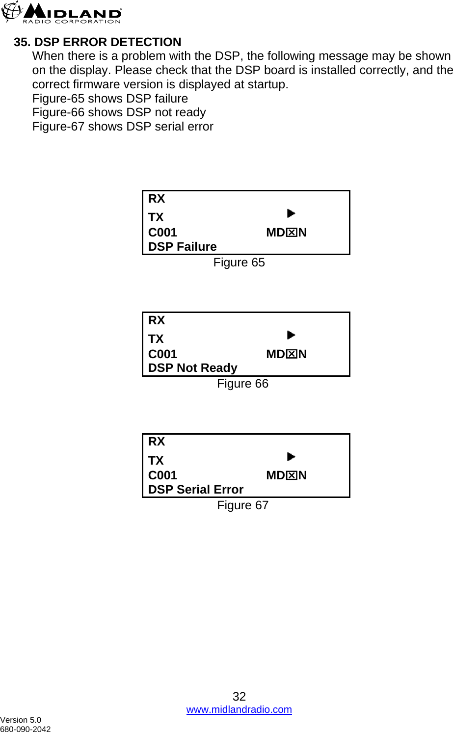  35. DSP ERROR DETECTION When there is a problem with the DSP, the following message may be shown on the display. Please check that the DSP board is installed correctly, and the correct firmware version is displayed at startup. Figure-65 shows DSP failure Figure-66 shows DSP not ready Figure-67 shows DSP serial error     RX TX                                     C001                          MD⌧N DSP Failure Figure 65    RX TX                                     C001                          MD⌧N DSP Not Ready Figure 66    RX TX                                     C001                          MD⌧N DSP Serial Error Figure 67         32 www.midlandradio.com Version 5.0 680-090-2042 