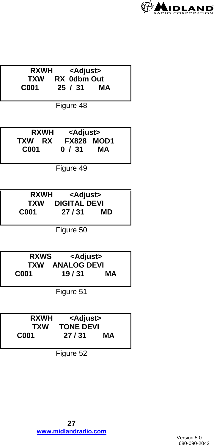      RXWH        &lt;Adjust&gt; TXW     RX  0dbm Out C001         25  /  31       MA  Figure 48   RXWH       &lt;Adjust&gt; TXW    RX      FX828   MOD1 C001          0  /  31       MA  Figure 49   RXWH        &lt;Adjust&gt; TXW     DIGITAL DEVI C001            27 / 31        MD  Figure 50   RXWS         &lt;Adjust&gt; TXW    ANALOG DEVI C001              19 / 31          MA  Figure 51   RXWH        &lt;Adjust&gt; TXW     TONE DEVI C001              27 / 31        MA  Figure 52 27 www.midlandradio.com                               Version 5.0     680-090-2042 