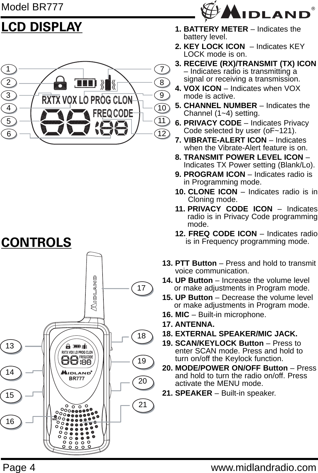 ®Page 4 www.midlandradio.comCONTROLSLCD DISPLAY1. BATTERY METER – Indicates thebattery level.2. KEY LOCK ICON  – Indicates KEYLOCK mode is on.3. RECEIVE (RX)/TRANSMIT (TX) ICON– Indicates radio is transmitting a    signal or receiving a transmission. 4. VOX ICON – Indicates when VOXmode is active.5. CHANNEL NUMBER – Indicates theChannel (1~4) setting.6. PRIVACY CODE – Indicates PrivacyCode selected by user (oF~121).7. VIBRATE-ALERT ICON – Indicates when the Vibrate-Alert feature is on.  8. TRANSMIT POWER LEVEL ICON –Indicates TX Power setting (Blank/Lo). 9. PROGRAM ICON – Indicates radio isin Programming mode.10. CLONE ICON – Indicates radio is inCloning mode.11. PRIVACY CODE ICON – Indicatesradio is in Privacy Code programmingmode.12. FREQ CODE ICON – Indicates radiois in Frequency programming mode.13. PTT Button – Press and hold to transmitvoice communication. 14. UP Button – Increase the volume level or make adjustments in Program mode.15. UP Button – Decrease the volume level or make adjustments in Program mode.16. MIC – Built-in microphone.17. ANTENNA.18. EXTERNAL SPEAKER/MIC JACK.19. SCAN/KEYLOCK Button – Press toenter SCAN mode. Press and hold toturn on/off the Keylock function.20. MODE/POWER ON/OFF Button – Pressand hold to turn the radio on/off. Pressactivate the MENU mode.21. SPEAKER – Built-in speaker.12345678910131415162120191817Model BR7771112