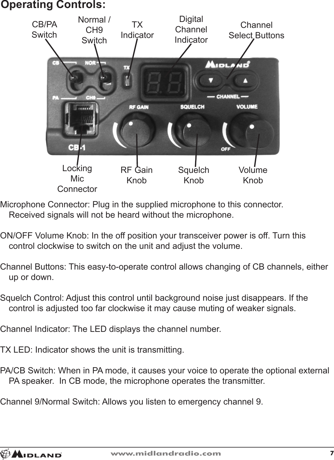 7www.midlandradio.comOperating Controls:Microphone Connector: Plug in the supplied microphone to this connector�   Received signals will not be heard without the microphone�ON/OFF Volume Knob: In the off position your transceiver power is off� Turn this  control clockwise to switch on the unit and adjust the volume�Channel Buttons: This easy-to-operate control allows changing of CB channels, either up or down� Squelch Control: Adjust this control until background noise just disappears� If the  control is adjusted too far clockwise it may cause muting of weaker signals�Channel Indicator: The LED displays the channel number�TX LED: Indicator shows the unit is transmitting�PA/CB Switch: When in PA mode, it causes your voice to operate the optional external PA speaker�  In CB mode, the microphone operates the transmitter�Channel 9/Normal Switch: Allows you listen to emergency channel 9�CB/PASwitchNormal / CH9SwitchTXIndicatorDigitalChannelIndicatorChannelSelect ButtonsLockingMicConnectorRF GainKnobSquelchKnobVolumeKnob