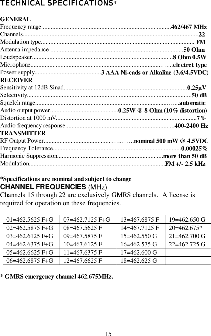 15TECHNICAL SPECIFICATIONSTECHNICAL SPECIFICATIONSTECHNICAL SPECIFICATIONSTECHNICAL SPECIFICATIONS*GENERALFrequency range..................................................................................462/467 MHzChannels...............................................................................................................22Modulation type................................................................................................. FMAntenna impedance ....................................................................................50 OhmLoudspeaker.........................................................................................8 Ohm 0.5WMicrophone...................................................................................…...electret typePower supply..........................................3 AAA Ni-cads or Alkaline (3.6/4.5VDC)RECEIVERSensitivity at 12dB Sinad..............................................................................0.25µVSelectivity........................................................................................................50 dBSquelch range...................................................................................…....automaticAudio output power...........................................0.25W @ 8 Ohm (10% distortion)Distortion at 1000 mV.........................................................................................7%Audio frequency response.....................................................................400-2400 HzTRANSMITTERRF Output Power...........................................….…….nominal 500 mW @ 4.5VDCFrequency Tolerance.................................................................................0.00025%Harmonic Suppression...................................................................more than 50 dBModulation......................................................................................FM +/- 2.5 kHz*Specifications are nominal and subject to changeCHANNEL FREQUENCIES (MHz)Channels 15 through 22 are exclusively GMRS channels.  A license isrequired for operation on these frequencies.01=462.5625 F+G 07=462.7125 F+G 13=467.6875 F 19=462.650 G02=462.5875 F+G 08=467.5625 F 14=467.7125 F 20=462.675*03=462.6125 F+G 09=467.5875 F 15=462.550 G 21=462.700 G04=462.6375 F+G 10=467.6125 F 16=462.575 G 22=462.725 G05=462.6625 F+G 11=467.6375 F 17=462.600 G06=462.6875 F+G 12=467.6625 F 18=462.625 G* GMRS emergency channel 462.675MHz.
