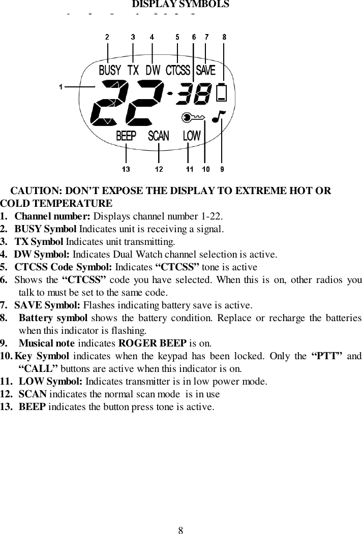 8DISPLAY SYMBOLSCAUTION: DON’T EXPOSE THE DISPLAY TO EXTREME HOT ORCOLD TEMPERATURE1. Channel number: Displays channel number 1-22.2. BUSY Symbol Indicates unit is receiving a signal.3. TX Symbol Indicates unit transmitting.4. DW Symbol: Indicates Dual Watch channel selection is active.5. CTCSS Code Symbol: Indicates “CTCSS” tone is active6. Shows the “CTCSS” code you have selected. When this is on, other radios youtalk to must be set to the same code.7. SAVE Symbol: Flashes indicating battery save is active.8. Battery symbol shows the battery condition. Replace or recharge the batterieswhen this indicator is flashing.9. Musical note indicates ROGER BEEP is on.10. Key Symbol indicates when the keypad has been locked. Only the “PTT” and“CALL” buttons are active when this indicator is on.11. LOW Symbol: Indicates transmitter is in low power mode.12. SCAN indicates the normal scan mode  is in use13. BEEP indicates the button press tone is active.