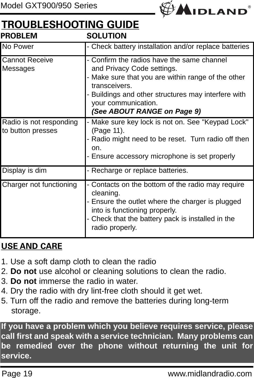 ®Page 19 www.midlandradio.comPROBLEM                     SOLUTIONNo Power - Check battery installation and/or replace batteriesCannot ReceiveMessages - Confirm the radios have the same channel      and Privacy Code settings.- Make sure that you are within range of the other transceivers.- Buildings and other structures may interfere with your communication. (See ABOUT RANGE on Page 9)Radio is not respondingto button presses - Make sure key lock is not on. See &quot;Keypad Lock&quot; (Page 11).- Radio might need to be reset.  Turn radio off then on.- Ensure accessory microphone is set properlyDisplay is dim - Recharge or replace batteries.Charger not functioning - Contacts on the bottom of the radio may require cleaning. - Ensure the outlet where the charger is plugged into is functioning properly.- Check that the battery pack is installed in the radio properly.USE AND CARE1. Use a soft damp cloth to clean the radio2. Do not use alcohol or cleaning solutions to clean the radio.3. Do not immerse the radio in water.4. Dry the radio with dry lint-free cloth should it get wet.5. Turn off the radio and remove the batteries during long-term    storage.If you have a problem which you believe requires service, pleasecall first and speak with a service technician.  Many problems canbe remedied over the phone without returning the unit forservice.Model GXT900/950 SeriesTROUBLESHOOTING GUIDE