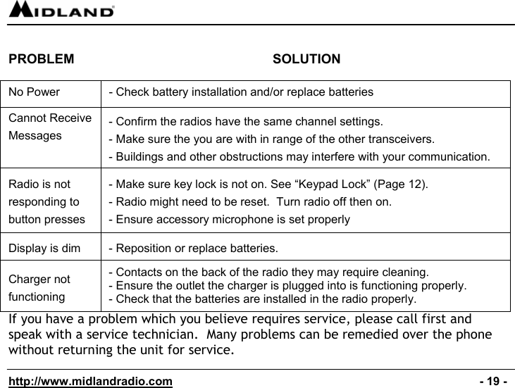  http://www.midlandradio.com                                                                                              - 19 -  PROBLEM    SOLUTION  No Power  - Check battery installation and/or replace batteries Cannot Receive Messages - Confirm the radios have the same channel settings. - Make sure the you are with in range of the other transceivers. - Buildings and other obstructions may interfere with your communication.  Radio is not responding to button presses - Make sure key lock is not on. See “Keypad Lock” (Page 12). - Radio might need to be reset.  Turn radio off then on. - Ensure accessory microphone is set properly Display is dim  - Reposition or replace batteries. Charger not functioning - Contacts on the back of the radio they may require cleaning.  - Ensure the outlet the charger is plugged into is functioning properly. - Check that the batteries are installed in the radio properly. If you have a problem which you believe requires service, please call first and speak with a service technician.  Many problems can be remedied over the phone without returning the unit for service. 