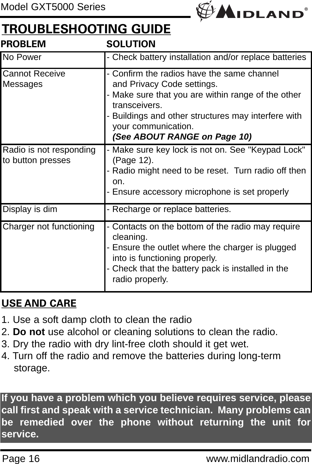 Page 16 www.midlandradio.comPROBLEM                     SOLUTIONNo Power - Check battery installation and/or replace batteriesCannot ReceiveMessages - Confirm the radios have the same channel      and Privacy Code settings.- Make sure that you are within range of the other transceivers.- Buildings and other structures may interfere with your communication. (See ABOUT RANGE on Page 10)Radio is not respondingto button presses - Make sure key lock is not on. See &quot;Keypad Lock&quot; (Page 12).- Radio might need to be reset.  Turn radio off then on.- Ensure accessory microphone is set properlyDisplay is dim - Recharge or replace batteries.Charger not functioning - Contacts on the bottom of the radio may require cleaning. - Ensure the outlet where the charger is plugged into is functioning properly.- Check that the battery pack is installed in the radio properly.USE AND CARE1. Use a soft damp cloth to clean the radio2. Do not use alcohol or cleaning solutions to clean the radio.3. Dry the radio with dry lint-free cloth should it get wet.4. Turn off the radio and remove the batteries during long-term    storage.If you have a problem which you believe requires service, pleasecall first and speak with a service technician.  Many problems canbe remedied over the phone without returning the unit forservice.Model GXT5000 SeriesTROUBLESHOOTING GUIDE