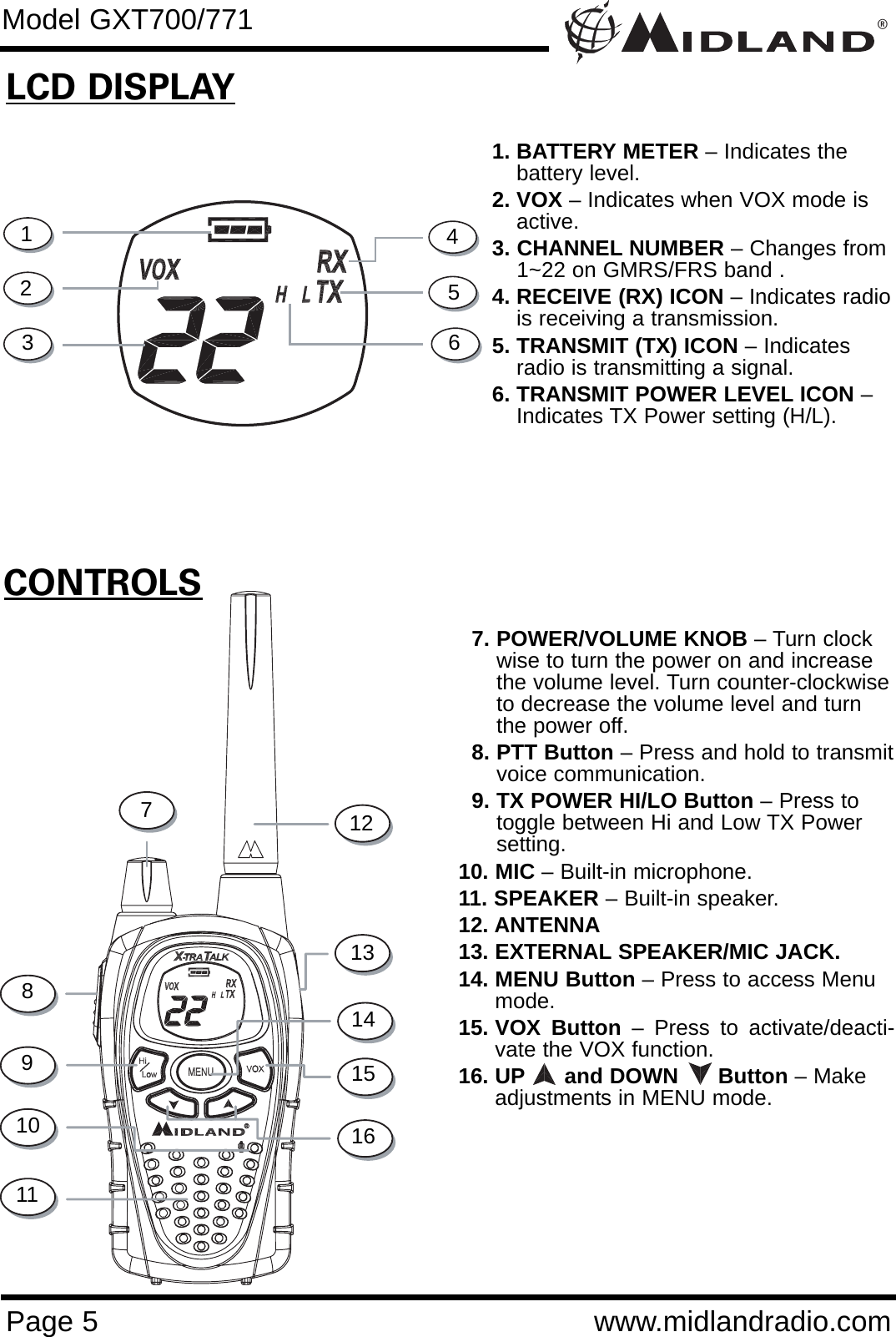 ®Page 5 www.midlandradio.comCONTROLSLCD DISPLAY1. BATTERY METER – Indicates thebattery level.2. VOX – Indicates when VOX mode isactive.3. CHANNEL NUMBER – Changes from 1~22 on GMRS/FRS band .4. RECEIVE (RX) ICON – Indicates radiois receiving a transmission.5. TRANSMIT (TX) ICON – Indicatesradio is transmitting a signal.6. TRANSMIT POWER LEVEL ICON –Indicates TX Power setting (H/L).7. POWER/VOLUME KNOB – Turn clockwise to turn the power on and increasethe volume level. Turn counter-clockwiseto decrease the volume level and turnthe power off.8. PTT Button – Press and hold to transmitvoice communication. 9. TX POWER HI/LO Button – Press totoggle between Hi and Low TX Powersetting.  10. MIC – Built-in microphone.11. SPEAKER – Built-in speaker.12. ANTENNA13. EXTERNAL SPEAKER/MIC JACK.14. MENU Button – Press to access Menumode.  15. VOX  Button – Press to activate/deacti-vate the VOX function.16. UP and DOWN      Button – Makeadjustments in MENU mode.12345678910111615141312Model GXT700/771