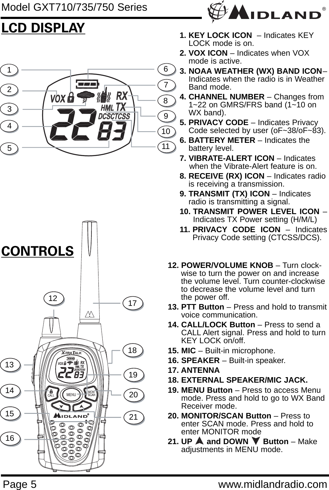 ®Page 5 www.midlandradio.comCONTROLSLCD DISPLAY1. KEY LOCK ICON  – Indicates KEYLOCK mode is on.2. VOX ICON – Indicates when VOXmode is active.3. NOAA WEATHER (WX) BAND ICON–Indicates when the radio is in Weather Band mode.4. CHANNEL NUMBER – Changes from1~22 on GMRS/FRS band (1~10 onWX band).5. PRIVACY CODE – Indicates PrivacyCode selected by user (oF~38/oF~83).6. BATTERY METER – Indicates thebattery level.7. VIBRATE-ALERT ICON – Indicates when the Vibrate-Alert feature is on.  8. RECEIVE (RX) ICON – Indicates radiois receiving a transmission. 9. TRANSMIT (TX) ICON – Indicatesradio is transmitting a signal.10. TRANSMIT POWER LEVEL ICON –Indicates TX Power setting (H/M/L)11. PRIVACY CODE ICON – IndicatesPrivacy Code setting (CTCSS/DCS).12. POWER/VOLUME KNOB – Turn clock-wise to turn the power on and increasethe volume level. Turn counter-clockwiseto decrease the volume level and turnthe power off.13. PTT Button – Press and hold to transmitvoice communication. 14. CALL/LOCK Button – Press to send aCALL Alert signal. Press and hold to turnKEY LOCK on/off.15. MIC – Built-in microphone.16. SPEAKER – Built-in speaker.17. ANTENNA18. EXTERNAL SPEAKER/MIC JACK.19. MENU Button – Press to access Menumode. Press and hold to go to WX BandReceiver mode.20. MONITOR/SCAN Button – Press toenter SCAN mode. Press and hold toenter MONITOR mode21. UP and DOWN      Button – Makeadjustments in MENU mode.1234567891012131415162120191817Model GXT710/735/750 Series11