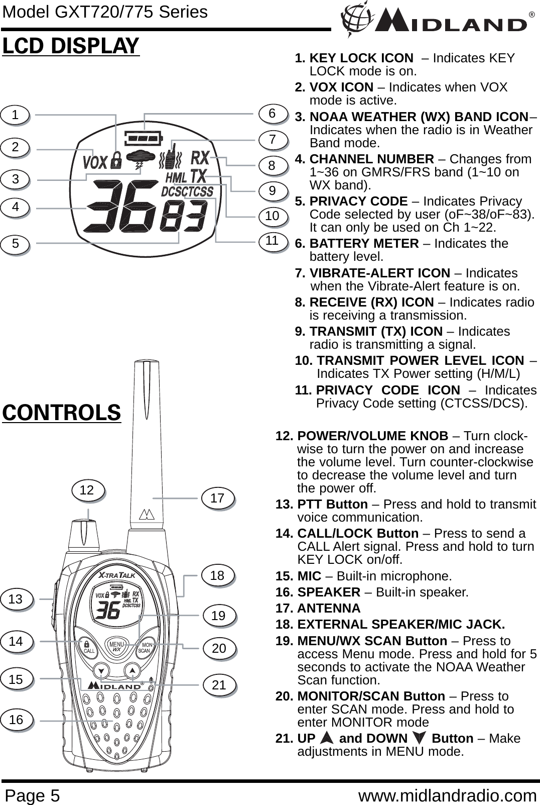 ®Page 5 www.midlandradio.comCONTROLSLCD DISPLAY1. KEY LOCK ICON  – Indicates KEYLOCK mode is on.2. VOX ICON – Indicates when VOXmode is active.3. NOAA WEATHER (WX) BAND ICON–Indicates when the radio is in Weather Band mode.4. CHANNEL NUMBER – Changes from1~36 on GMRS/FRS band (1~10 onWX band).5. PRIVACY CODE – Indicates PrivacyCode selected by user (oF~38/oF~83).It can only be used on Ch 1~22.6. BATTERY METER – Indicates thebattery level.7. VIBRATE-ALERT ICON – Indicates when the Vibrate-Alert feature is on.  8. RECEIVE (RX) ICON – Indicates radiois receiving a transmission. 9. TRANSMIT (TX) ICON – Indicatesradio is transmitting a signal.10. TRANSMIT POWER LEVEL ICON –Indicates TX Power setting (H/M/L)11. PRIVACY CODE ICON – IndicatesPrivacy Code setting (CTCSS/DCS).12. POWER/VOLUME KNOB – Turn clock-wise to turn the power on and increasethe volume level. Turn counter-clockwiseto decrease the volume level and turnthe power off.13. PTT Button – Press and hold to transmitvoice communication. 14. CALL/LOCK Button – Press to send aCALL Alert signal. Press and hold to turnKEY LOCK on/off.15. MIC – Built-in microphone.16. SPEAKER – Built-in speaker.17. ANTENNA18. EXTERNAL SPEAKER/MIC JACK.19. MENU/WX SCAN Button – Press toaccess Menu mode. Press and hold for 5seconds to activate the NOAA WeatherScan function.20. MONITOR/SCAN Button – Press toenter SCAN mode. Press and hold toenter MONITOR mode21. UP and DOWN      Button – Makeadjustments in MENU mode.1234567891012131415162120191817Model GXT720/775 Series11