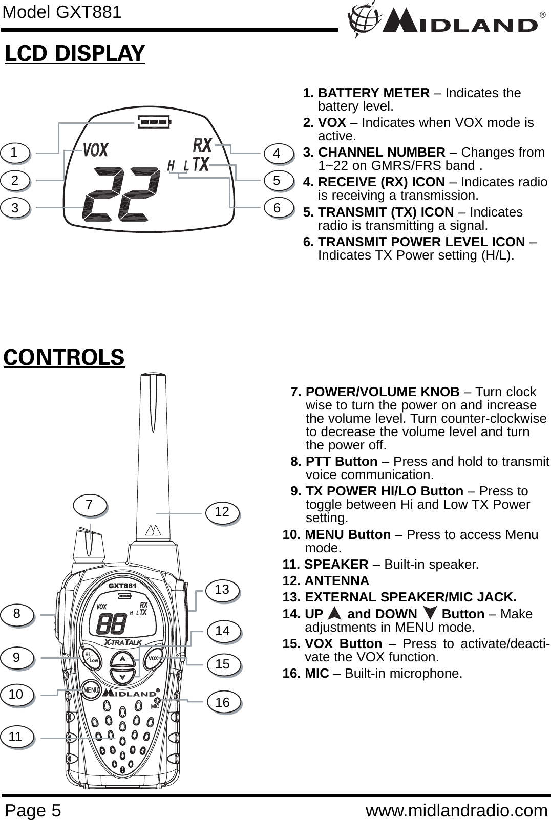 GXT881HiLow VOX®Page 5 www.midlandradio.comCONTROLSLCD DISPLAY1. BATTERY METER – Indicates thebattery level.2. VOX – Indicates when VOX mode isactive.3. CHANNEL NUMBER – Changes from 1~22 on GMRS/FRS band .4. RECEIVE (RX) ICON – Indicates radiois receiving a transmission.5. TRANSMIT (TX) ICON – Indicatesradio is transmitting a signal.6. TRANSMIT POWER LEVEL ICON –Indicates TX Power setting (H/L).7. POWER/VOLUME KNOB – Turn clockwise to turn the power on and increasethe volume level. Turn counter-clockwiseto decrease the volume level and turnthe power off.8. PTT Button – Press and hold to transmitvoice communication. 9. TX POWER HI/LO Button – Press totoggle between Hi and Low TX Powersetting.  10. MENU Button – Press to access Menumode.11. SPEAKER – Built-in speaker.12. ANTENNA13. EXTERNAL SPEAKER/MIC JACK.14. UP and DOWN      Button – Makeadjustments in MENU mode.  15. VOX  Button – Press to activate/deacti-vate the VOX function.16. MIC – Built-in microphone.12345678910111615141312Model GXT881