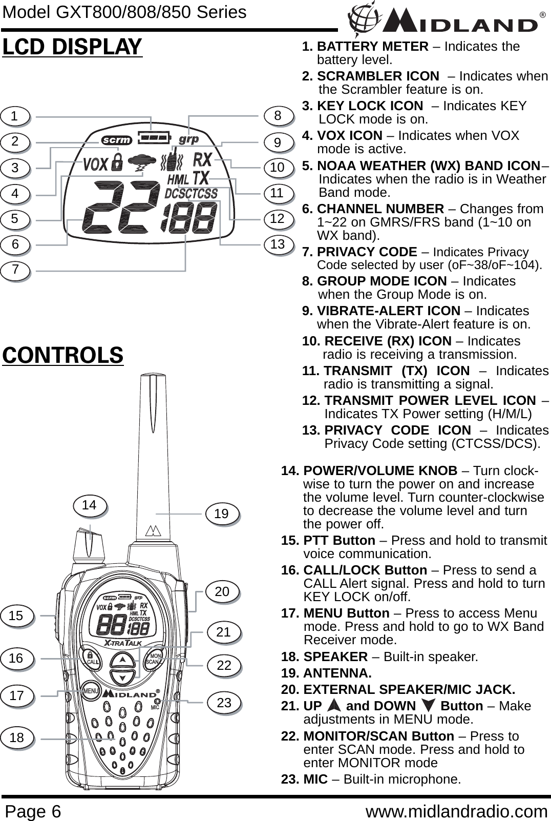 ®Page 6 www.midlandradio.comCONTROLSLCD DISPLAY1. BATTERY METER – Indicates thebattery level.2. SCRAMBLER ICON  – Indicates whenthe Scrambler feature is on. 3. KEY LOCK ICON  – Indicates KEYLOCK mode is on.4. VOX ICON – Indicates when VOX mode is active.5. NOAA WEATHER (WX) BAND ICON–Indicates when the radio is in WeatherBand mode.6. CHANNEL NUMBER – Changes from1~22 on GMRS/FRS band (1~10 onWX band).7. PRIVACY CODE – Indicates PrivacyCode selected by user (oF~38/oF~104).8. GROUP MODE ICON – Indicates when the Group Mode is on.  9. VIBRATE-ALERT ICON – Indicates when the Vibrate-Alert feature is on. 10. RECEIVE (RX) ICON – Indicates radio is receiving a transmission.11. TRANSMIT (TX) ICON – Indicatesradio is transmitting a signal.12. TRANSMIT POWER LEVEL ICON –Indicates TX Power setting (H/M/L)13. PRIVACY CODE ICON – IndicatesPrivacy Code setting (CTCSS/DCS).14. POWER/VOLUME KNOB – Turn clock-wise to turn the power on and increasethe volume level. Turn counter-clockwiseto decrease the volume level and turnthe power off.15. PTT Button – Press and hold to transmitvoice communication. 16. CALL/LOCK Button – Press to send aCALL Alert signal. Press and hold to turnKEY LOCK on/off.17. MENU Button – Press to access Menu mode. Press and hold to go to WX Band Receiver mode.18. SPEAKER – Built-in speaker.19. ANTENNA.20. EXTERNAL SPEAKER/MIC JACK.21. UP and DOWN      Button – Makeadjustments in MENU mode.22. MONITOR/SCAN Button – Press toenter SCAN mode. Press and hold toenter MONITOR mode23. MIC – Built-in microphone.1234567891014151617182322212019Model GXT800/808/850 Series111213