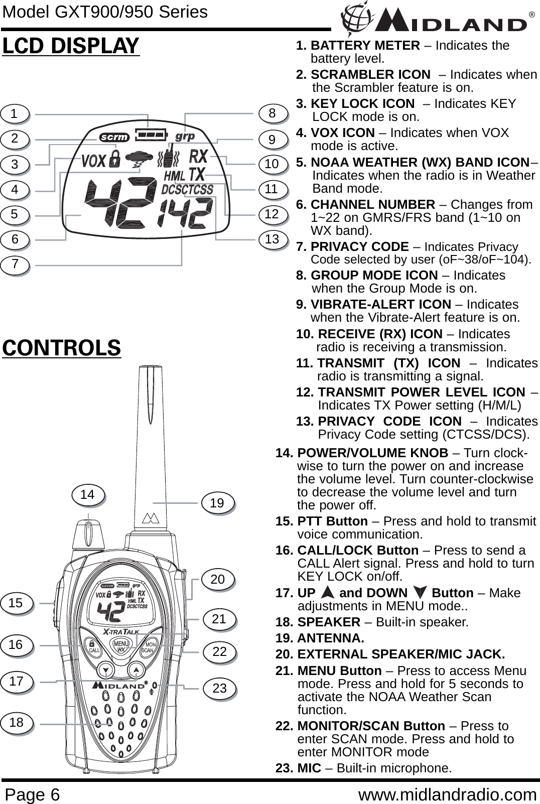 ®Page 6 www.midlandradio.comCONTROLSLCD DISPLAY1. BATTERY METER – Indicates thebattery level.2. SCRAMBLER ICON  – Indicates whenthe Scrambler feature is on. 3. KEY LOCK ICON  – Indicates KEYLOCK mode is on.4. VOX ICON – Indicates when VOX mode is active.5. NOAA WEATHER (WX) BAND ICON–Indicates when the radio is in WeatherBand mode.6. CHANNEL NUMBER – Changes from1~22 on GMRS/FRS band (1~10 onWX band).7. PRIVACY CODE – Indicates PrivacyCode selected by user (oF~38/oF~104).8. GROUP MODE ICON – Indicates when the Group Mode is on.  9. VIBRATE-ALERT ICON – Indicates when the Vibrate-Alert feature is on. 10. RECEIVE (RX) ICON – Indicates radio is receiving a transmission.11. TRANSMIT (TX) ICON – Indicatesradio is transmitting a signal.12. TRANSMIT POWER LEVEL ICON –Indicates TX Power setting (H/M/L)13. PRIVACY CODE ICON – IndicatesPrivacy Code setting (CTCSS/DCS).14. POWER/VOLUME KNOB – Turn clock-wise to turn the power on and increasethe volume level. Turn counter-clockwiseto decrease the volume level and turnthe power off.15. PTT Button – Press and hold to transmitvoice communication. 16. CALL/LOCK Button – Press to send aCALL Alert signal. Press and hold to turnKEY LOCK on/off.17. UP and DOWN      Button – Make adjustments in MENU mode..18. SPEAKER – Built-in speaker.19. ANTENNA.20. EXTERNAL SPEAKER/MIC JACK.21. MENU Button – Press to access Menu mode. Press and hold for 5 seconds to activate the NOAA Weather Scan     function.22. MONITOR/SCAN Button – Press toenter SCAN mode. Press and hold toenter MONITOR mode23. MIC – Built-in microphone.1234567891014151617182322212019Model GXT900/950 Series111213