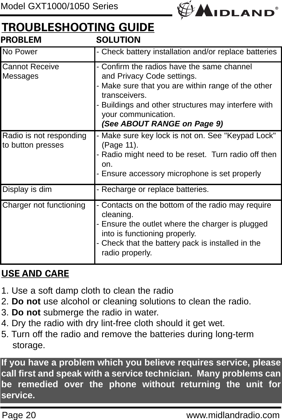 Page 20 www.midlandradio.comPROBLEM                     SOLUTIONNo Power - Check battery installation and/or replace batteriesCannot ReceiveMessages - Confirm the radios have the same channel      and Privacy Code settings.- Make sure that you are within range of the other transceivers.- Buildings and other structures may interfere with your communication. (See ABOUT RANGE on Page 9)Radio is not respondingto button presses - Make sure key lock is not on. See &quot;Keypad Lock&quot; (Page 11).- Radio might need to be reset.  Turn radio off then on.- Ensure accessory microphone is set properlyDisplay is dim - Recharge or replace batteries.Charger not functioning - Contacts on the bottom of the radio may require cleaning. - Ensure the outlet where the charger is plugged into is functioning properly.- Check that the battery pack is installed in the radio properly.USE AND CARE1. Use a soft damp cloth to clean the radio2. Do not use alcohol or cleaning solutions to clean the radio.3. Do not submerge the radio in water.4. Dry the radio with dry lint-free cloth should it get wet.5. Turn off the radio and remove the batteries during long-term    storage.If you have a problem which you believe requires service, pleasecall first and speak with a service technician.  Many problems canbe remedied over the phone without returning the unit forservice.Model GXT1000/1050 SeriesTROUBLESHOOTING GUIDE