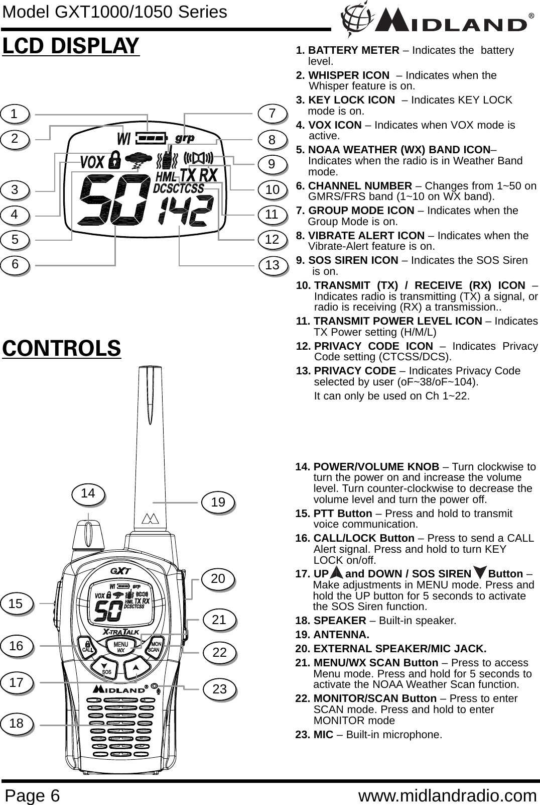 Page 6 www.midlandradio.comCONTROLSLCD DISPLAY1. BATTERY METER – Indicates the  batterylevel.2. WHISPER ICON  – Indicates when the Whisper feature is on. 3. KEY LOCK ICON  – Indicates KEY LOCK mode is on.4. VOX ICON – Indicates when VOX mode is active.5. NOAA WEATHER (WX) BAND ICON– Indicates when the radio is in Weather Bandmode.6. CHANNEL NUMBER – Changes from 1~50 onGMRS/FRS band (1~10 on WX band).7. GROUP MODE ICON – Indicates when the Group Mode is on.  8. VIBRATE ALERT ICON – Indicates when theVibrate-Alert feature is on. 9. SOS SIREN ICON – Indicates the SOS Siren is on.10. TRANSMIT (TX) / RECEIVE (RX) ICON –Indicates radio is transmitting (TX) a signal, orradio is receiving (RX) a transmission..11. TRANSMIT POWER LEVEL ICON – IndicatesTX Power setting (H/M/L)12. PRIVACY CODE ICON – Indicates PrivacyCode setting (CTCSS/DCS).13. PRIVACY CODE – Indicates Privacy Code selected by user (oF~38/oF~104).It can only be used on Ch 1~22.14. POWER/VOLUME KNOB – Turn clockwise toturn the power on and increase the volumelevel. Turn counter-clockwise to decrease thevolume level and turn the power off.15. PTT Button – Press and hold to transmitvoice communication. 16. CALL/LOCK Button – Press to send a CALLAlert signal. Press and hold to turn KEYLOCK on/off.17. UP and DOWN / SOS SIREN     Button – Make adjustments in MENU mode. Press and hold the UP button for 5 seconds to activate the SOS Siren function.18. SPEAKER – Built-in speaker.19. ANTENNA.20. EXTERNAL SPEAKER/MIC JACK.21. MENU/WX SCAN Button – Press to access Menu mode. Press and hold for 5 seconds to activate the NOAA Weather Scan function.22. MONITOR/SCAN Button – Press to enterSCAN mode. Press and hold to enterMONITOR mode23. MIC – Built-in microphone.12345678914151617182322212019Model GXT1000/1050 Series10111213
