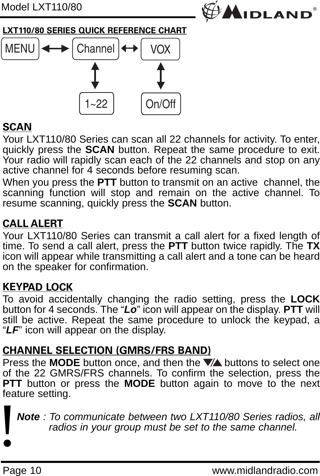 ®Page 10 www.midlandradio.comLXT110/80 SERIES QUICK REFERENCE CHARTSCANYour LXT110/80 Series can scan all 22 channels for activity. To enter,quickly press the SCAN button. Repeat the same procedure to exit.Your radio will rapidly scan each of the 22 channels and stop on anyactive channel for 4 seconds before resuming scan.When you press the PTT button to transmit on an active  channel, thescanning function will stop and remain on the active channel. Toresume scanning, quickly press the SCAN button.CALL ALERTYour LXT110/80 Series can transmit a call alert for a fixed length oftime. To send a call alert, press the PTT button twice rapidly. The TXicon will appear while transmitting a call alert and a tone can be heardon the speaker for confirmation. KEYPAD LOCKTo avoid accidentally changing the radio setting, press the LOCKbutton for 4 seconds. The “Lo” icon will appear on the display. PTT willstill be active. Repeat the same procedure to unlock the keypad, a“LF” icon will appear on the display.CHANNEL SELECTION (GMRS/FRS BAND)Press the MODE button once, and then the        buttons to select oneof the 22 GMRS/FRS channels. To confirm the selection, press thePTT button or press the MODE button again to move to the nextfeature setting.Note : To communicate between two LXT110/80 Series radios, allradios in your group must be set to the same channel.Model LXT110/80MENU Channel1~22VOXOn/Off!/