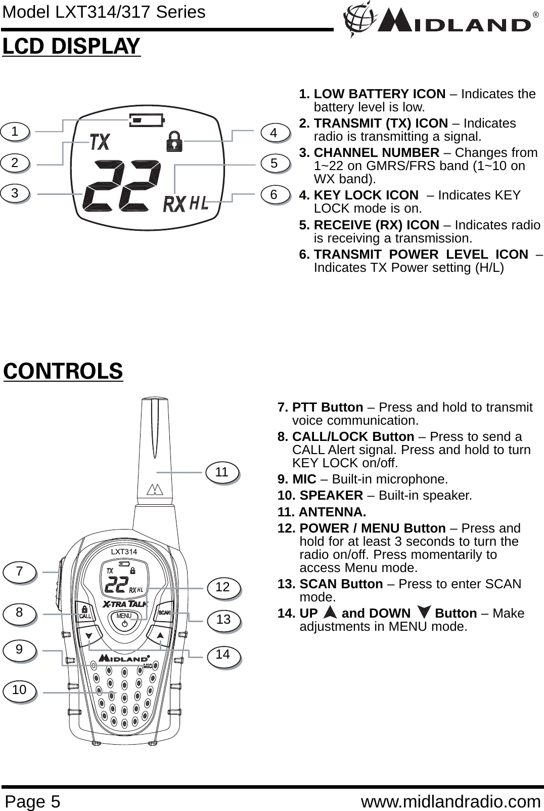 ®Page 5 www.midlandradio.com-TRA   ALKXTMENULXT314CONTROLSLCD DISPLAY1. LOW BATTERY ICON – Indicates thebattery level is low.2. TRANSMIT (TX) ICON – Indicatesradio is transmitting a signal.3. CHANNEL NUMBER – Changes from1~22 on GMRS/FRS band (1~10 onWX band).4. KEY LOCK ICON  – Indicates KEYLOCK mode is on.5. RECEIVE (RX) ICON – Indicates radiois receiving a transmission. 6. TRANSMIT POWER LEVEL ICON –Indicates TX Power setting (H/L)7. PTT Button – Press and hold to transmitvoice communication. 8. CALL/LOCK Button – Press to send aCALL Alert signal. Press and hold to turnKEY LOCK on/off.9. MIC – Built-in microphone.10. SPEAKER – Built-in speaker.11. ANTENNA.12. POWER / MENU Button – Press andhold for at least 3 seconds to turn theradio on/off. Press momentarily toaccess Menu mode. 13. SCAN Button – Press to enter SCANmode. 14. UP and DOWN      Button – Makeadjustments in MENU mode.1234567891014131211Model LXT314/317 Series