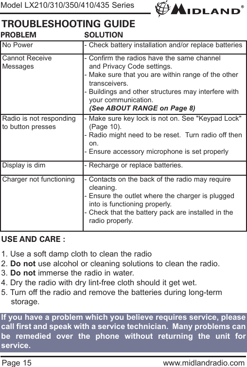 ®Page 15 www.midlandradio.comPROBLEM                     SOLUTIONNo Power - Check battery installation and/or replace batteriesCannot ReceiveMessages- Confirm the radios have the same channel      and Privacy Code settings.- Make sure that you are within range of the other transceivers.- Buildings and other structures may interfere with your communication. (See ABOUT RANGE on Page 8)Radio is not respondingto button presses- Make sure key lock is not on. See &quot;Keypad Lock&quot; (Page 10).- Radio might need to be reset.  Turn radio off then on.- Ensure accessory microphone is set properlyDisplay is dim - Recharge or replace batteries.Charger not functioning - Contacts on the back of the radio may require cleaning. - Ensure the outlet where the charger is plugged into is functioning properly.- Check that the battery pack are installed in the radio properly.USE AND CARE :1. Use a soft damp cloth to clean the radio2. Do not use alcohol or cleaning solutions to clean the radio.3. Do not immerse the radio in water.4. Dry the radio with dry lint-free cloth should it get wet.5. Turn off the radio and remove the batteries during long-term    storage.If you have a problem which you believe requires service, pleasecall first and speak with a service technician.  Many problems canbe remedied over the phone without returning the unit forservice.Model LX210/310/350/410/435 SeriesTROUBLESHOOTING GUIDE