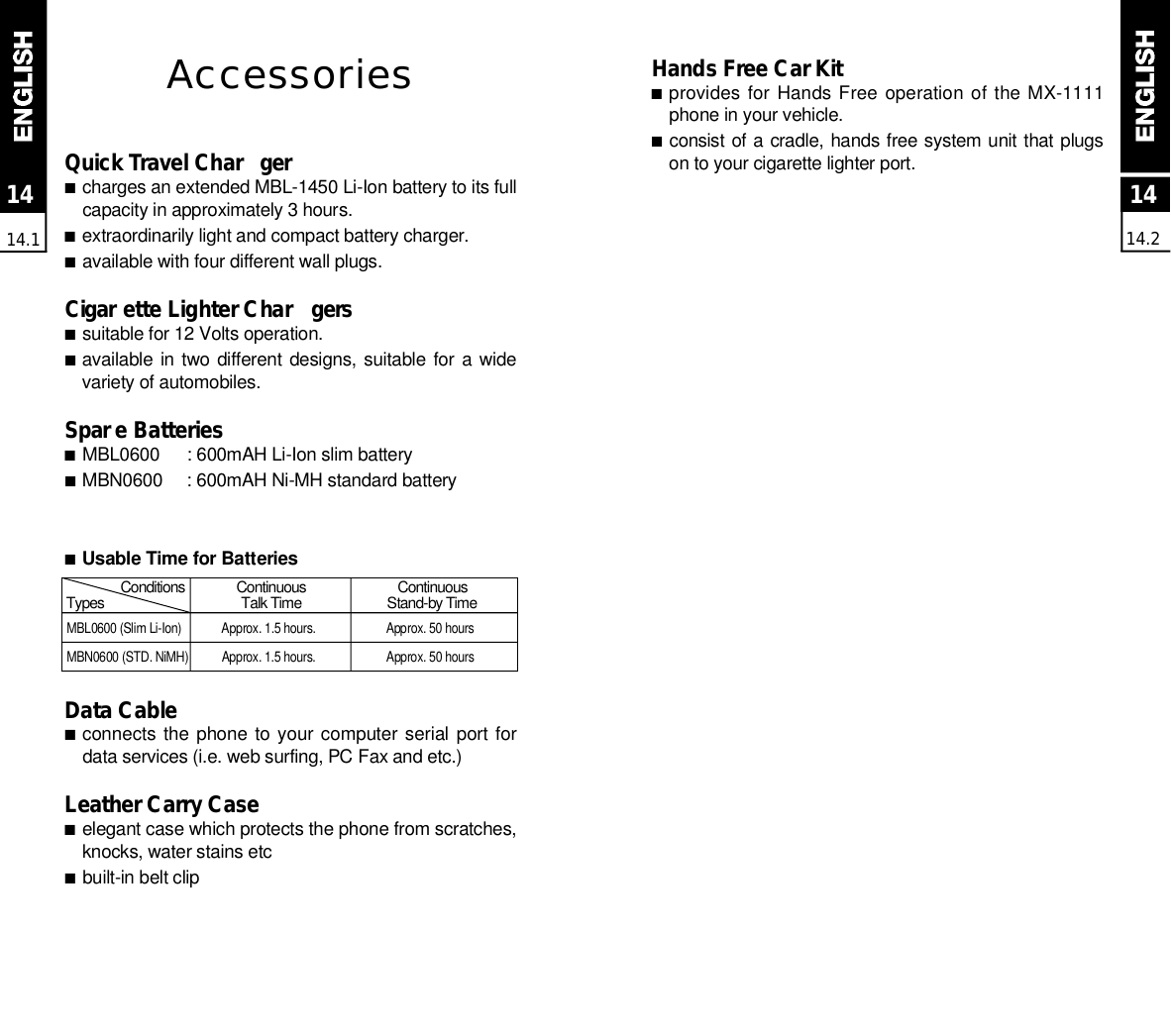 1414.21414.1AccessoriesQuick Travel Char g e r■charges an extended MBL-1450 Li-Ion battery to its fullcapacity in approximately 3 hours.■extraordinarily light and compact battery charger.■available with four different wall plugs.C i g a r ette Lighter Char g e r s■suitable for 12 Volts operation.■available in two different  designs, suitable  for  a widevariety of automobiles.S p a r e Batteries■M B L 0 6 0 0 : 600mAH Li-Ion slim battery■M B N 0 6 0 0 : 600mAH Ni-MH standard battery■Usable Time for BatteriesData Cable■connects the  phone to your computer serial port fordata services (i.e. web surfing, PC Fax and etc.)Leather Carry Case■elegant case which protects the phone from scratches,knocks, water stains etc■built-in belt clipHands Free Car Kit■provides for Hands Free  operation of the MX-1111phone in your vehicle.■consist of a cradle, hands free system unit that plugson to your cigarette lighter port.MBL0600 (Slim Li-Ion) Approx. 1.5 hours.  Approx. 50 hoursMBN0600 (STD. NiMH) Approx. 1.5 hours. Approx. 50 hoursC o n d i t i o n s C o n t i n u o u s C o n t i n u o u sT y p e s Talk Time Stand-by Time