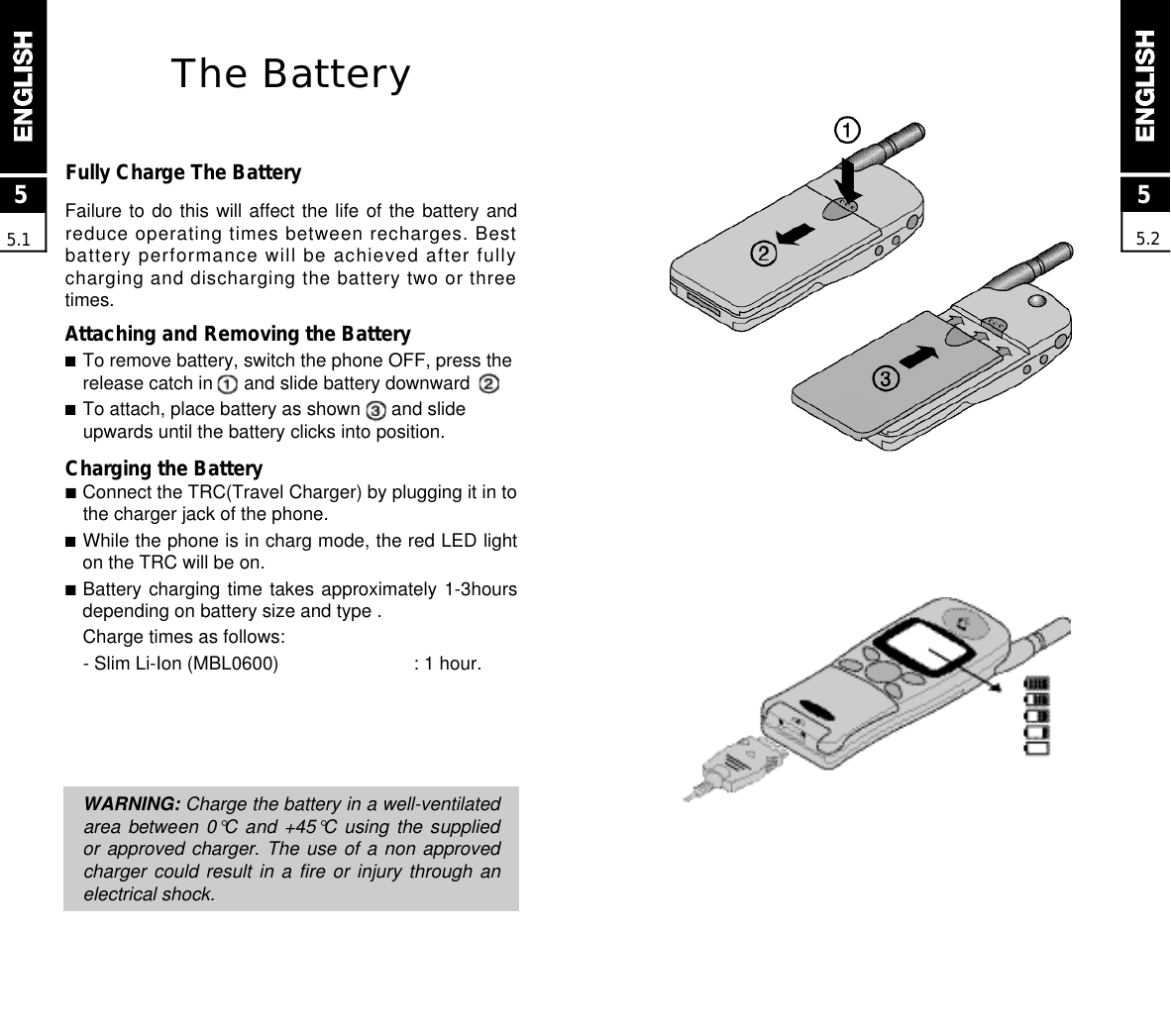 55.2The BatteryFully Charge The BatteryFailure to do this will affect the life of the battery andreduce operating times between recharges. Bestbattery performance will be achieved after fullycharging and discharging the battery two or threetimes.Attaching and Removing the Battery■To remove battery, switch the phone OFF, press therelease catch in      and slide battery downward     .■To attach, place battery as shown      and slideupwards until the battery clicks into position.Charging the Battery■Connect the TRC(Travel Charger) by plugging it in tothe charger jack of the phone.■While the phone is in charg mode, the red LED lighton the TRC will be on.■Battery charging time takes approximately 1-3hoursdepending on battery size and type .Charge times as follows:- Slim Li-Ion (MBL0600) : 1 hour.WARNING: Charge the battery in a well-ventilatedarea between  0°C and  +45°C using  the suppliedor approved charger. The use of a non approvedcharger could result in a fire or injury through anelectrical shock.55.1