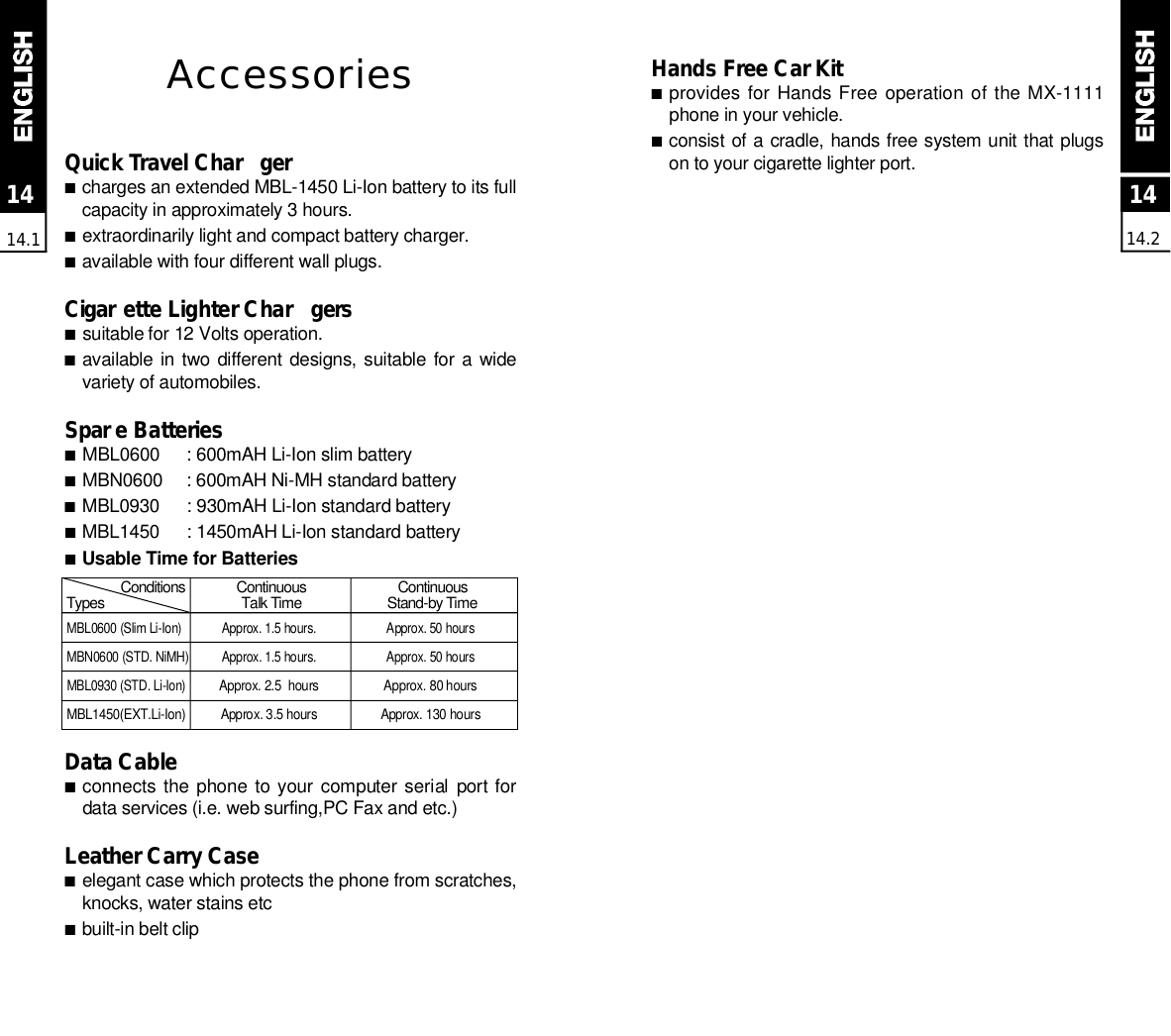 1414.21414.1AccessoriesQuick Travel Char g e r■charges an extended MBL-1450 Li-Ion battery to its fullcapacity in approximately 3 hours.■extraordinarily light and compact battery charger.■available with four different wall plugs.C i g a r ette Lighter Char g e r s■suitable for 12 Volts operation.■available in two different  designs, suitable for a  widevariety of automobiles.S p a r e Batteries■M B L 0 6 0 0 : 600mAH Li-Ion slim battery■M B N 0 6 0 0 : 600mAH Ni-MH standard battery■M B L 0 9 3 0 : 930mAH Li-Ion standard battery■M B L 1 4 5 0 : 1450mAH Li-Ion standard battery■Usable Time for BatteriesData Cable■connects the  phone to your computer serial  port fordata services (i.e. web surfing,PC Fax and etc.)Leather Carry Case■elegant case which protects the phone from scratches,knocks, water stains etc■built-in belt clipHands Free Car Kit■provides for Hands Free  operation of the MX-1111phone in your vehicle.■consist of a cradle, hands free system unit that plugson to your cigarette lighter port.MBL0600 (Slim Li-Ion) Approx. 1.5 hours.  Approx. 50 hoursMBN0600 (STD. NiMH) Approx. 1.5 hours. Approx. 50 hoursMBL0930 (STD. Li-Ion)Approx. 2.5  hours  Approx. 80 hoursM B L 1 4 5 0 ( E X T . L i - I o n ) Approx. 3.5 hours Approx. 130 hoursC o n d i t i o n s C o n t i n u o u s C o n t i n u o u sT y p e s Talk Time Stand-by Time