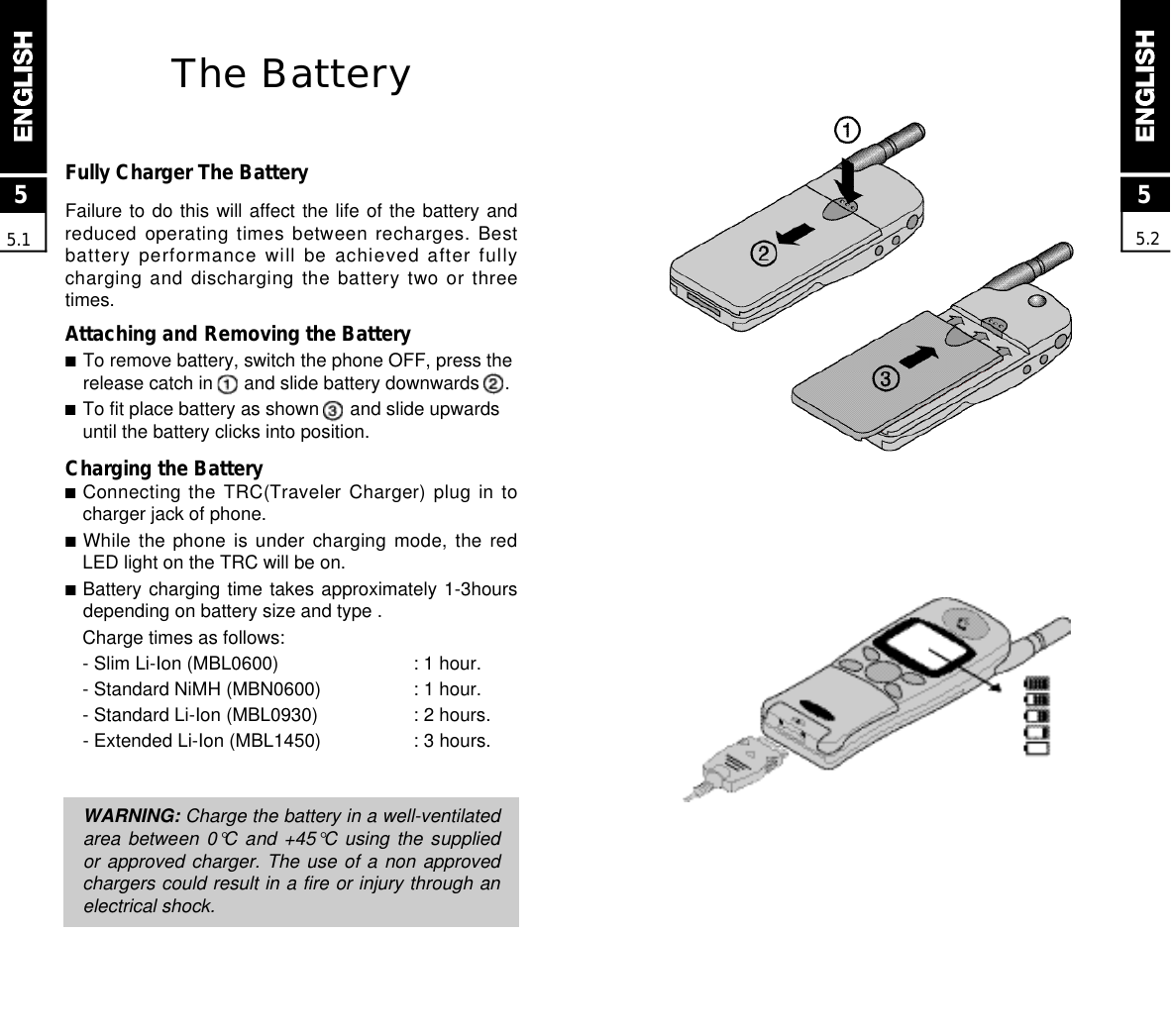 55.2The BatteryFully Charger The BatteryFailure to do this will affect the life of the battery andreduced operating times between recharges. Bestbattery  performance will be  achieved  after  fullycharging and discharging the battery two or threetimes.Attaching and Removing the Battery■To remove battery, switch the phone OFF, press therelease catch in      and slide battery downwards     .■To fit place battery as shown      and slide upwardsuntil the battery clicks into position.Charging the Battery■Connecting the TRC(Traveler Charger) plug in tocharger jack of phone.■While the  phone  is  under  charging  mode,  the  redLED light on the TRC will be on.■Battery charging time takes approximately 1-3hoursdepending on battery size and type .Charge times as follows:- Slim Li-Ion (MBL0600) : 1 hour.- Standard NiMH (MBN0600) : 1 hour.- Standard Li-Ion (MBL0930) : 2 hours.- Extended Li-Ion (MBL1450) : 3 hours.WARNING: Charge the battery in a well-ventilatedarea between  0°C and  +45°C  using  the  suppliedor approved charger. The use of a non approvedchargers could result in a fire or injury through anelectrical shock.55.1