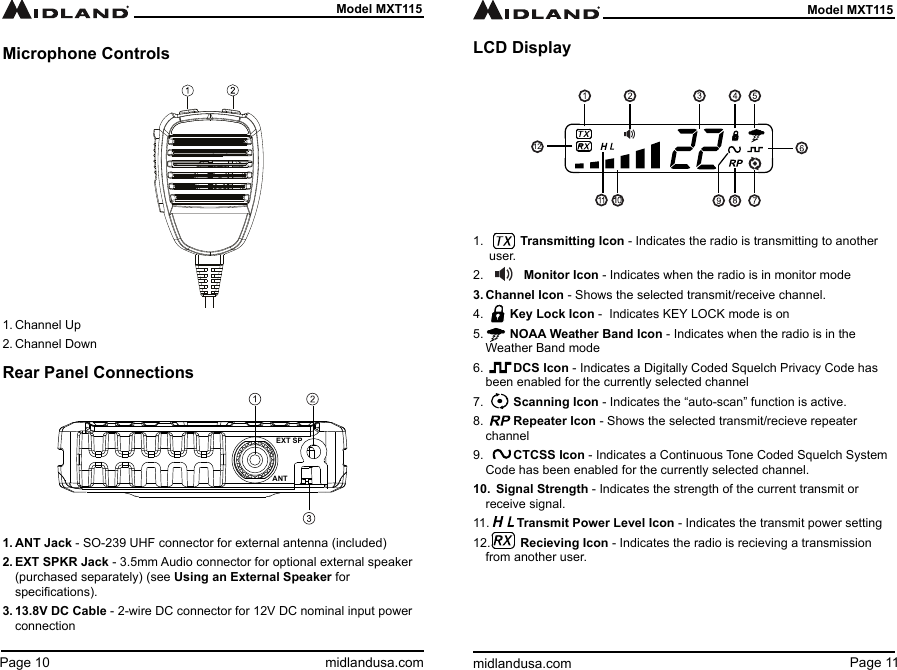 Page 11midlandusa.comModel MXT115Page 10 midlandusa.comModel MXT1151.           Transmitting Icon - Indicates the radio is transmitting to another   user.2.            Monitor Icon - Indicates when the radio is in monitor mode3. Channel Icon - Shows the selected transmit/receive channel.4.        Key Lock Icon -  Indicates KEY LOCK mode is on5.        NOAA Weather Band Icon - Indicates when the radio is in the Weather Band mode6.         DCS Icon - Indicates a Digitally Coded Squelch Privacy Code has been enabled for the currently selected channel7.         Scanning Icon - Indicates the “auto-scan” function is active. 8.         Repeater Icon - Shows the selected transmit/recieve repeater channel9.         CTCSS Icon - Indicates a Continuous Tone Coded Squelch System Code has been enabled for the currently selected channel.10.  Signal Strength - Indicates the strength of the current transmit or receive signal.11.        Transmit Power Level Icon - Indicates the transmit power setting12.         Recieving Icon - Indicates the radio is recieving a transmission from another user. Microphone Controls1. Channel Up2. Channel DownRear Panel Connections1. ANT Jack - SO-239 UHF connector for external antenna (included)2. EXT SPKR Jack - 3.5mm Audio connector for optional external speaker (purchased separately) (see Using an External Speaker for  specications).3. 13.8V DC Cable - 2-wire DC connector for 12V DC nominal input power connectionEXT SPANT12LCD Display