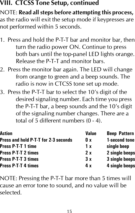 VIII.  CTCSS Tone Setup, continuedNOTE: Read all steps before attempting this process,as the radio will exit the setup mode if keypresses arenot performed within 5 seconds.1.  Press and hold the P-T-T bar and monitor bar, thenturn the radio power ON. Continue to pressboth bars until the top-panel LED lights orange.Release the P-T-T and monitor bars.2.  Press the monitor bar again. The LED will changefrom orange to green and a beep sounds. Theradio is now in CTCSS tone set up mode.3.  Press the P-T-T bar to select the 10’s digit of thedesired signaling number. Each time you pressthe P-T-T bar, a beep sounds and the 10’s digitof the signaling number changes. There are atotal of 5 different numbers (0 - 4).Action Value Beep  PatternPress and hold P-T-T for 2-3 seconds 0 x 1-second tonePress P-T-T 1 time 1 x single beepPress P-T-T 2 times 2 x 2 single beepsPress P-T-T 3 times 3 x 3 single beepsPress P-T-T 4 times 4 x 4 single beepsNOTE: Pressing the P-T-T bar more than 5 times willcause an error tone to sound, and no value will beselected.15