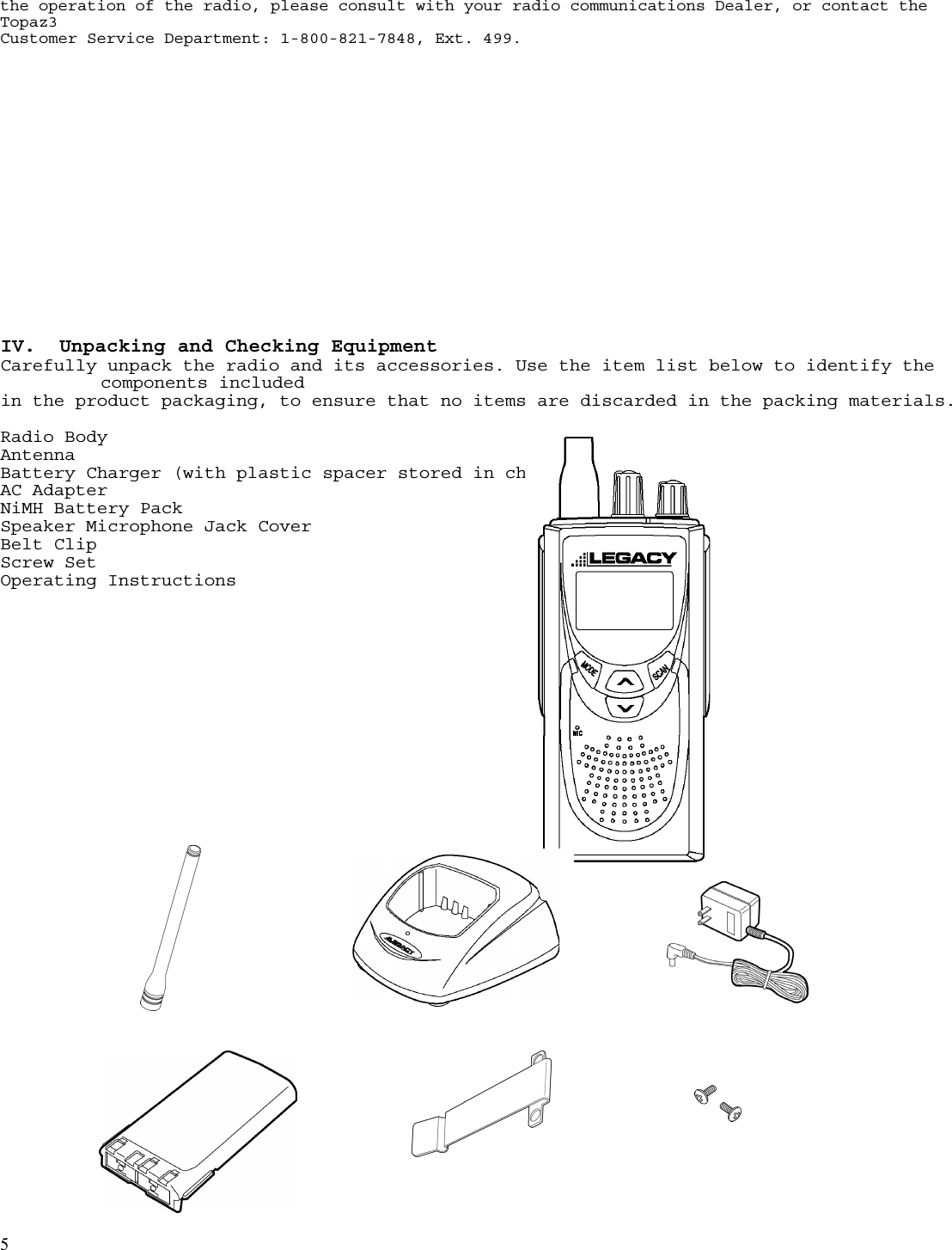  5  the operation of the radio, please consult with your radio communications Dealer, or contact the Topaz3  Customer Service Department: 1-800-821-7848, Ext. 499.                   IV.  Unpacking and Checking Equipment Carefully unpack the radio and its accessories. Use the item list below to identify the components included  in the product packaging, to ensure that no items are discarded in the packing materials.   Radio Body Antenna    Battery Charger (with plastic spacer stored in charger base) AC Adapter    NiMH Battery Pack    Speaker Microphone Jack Cover  Belt Clip Screw Set     Operating Instructions                                          