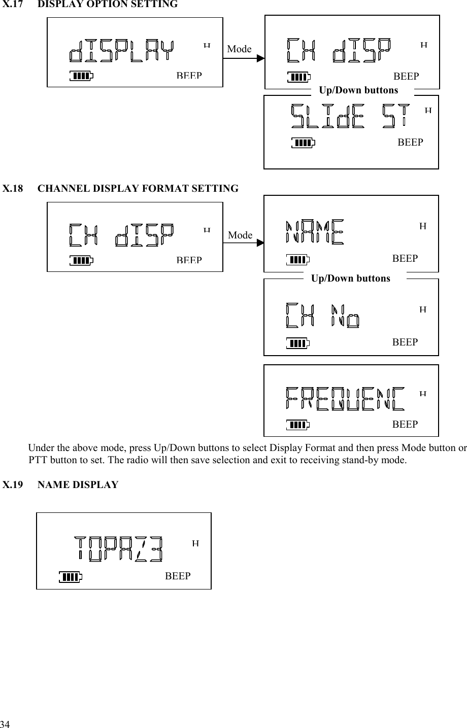  34   X.17 DISPLAY OPTION SETTING              X.18  CHANNEL DISPLAY FORMAT SETTING                      Under the above mode, press Up/Down buttons to select Display Format and then press Mode button or            PTT button to set. The radio will then save selection and exit to receiving stand-by mode.  X.19 NAME DISPLAY        Mode BEEPHBEEPHMode BEEP HBEEPHBEEP HBEEP HVIIIIXBEEPHBEEPHUp/Down buttons Up/Down buttons 