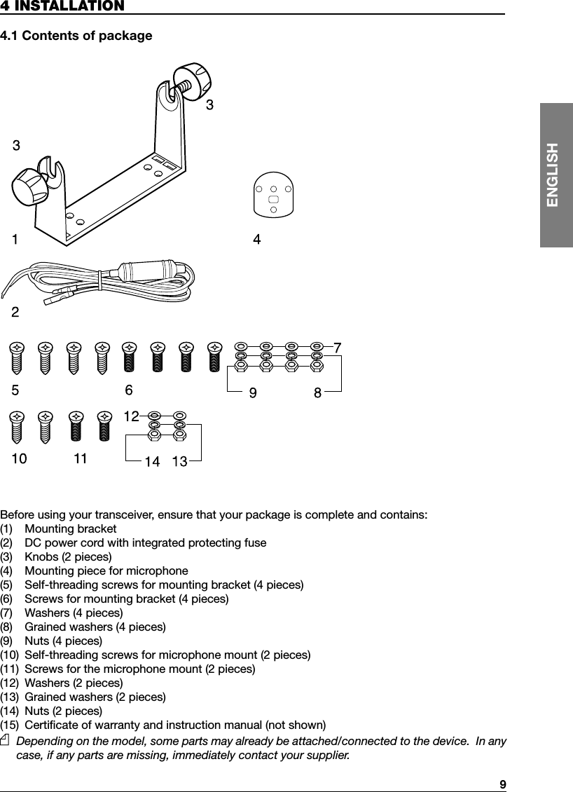   9ENGLISH4 INSTALLATION 4.1 Contents of packageBefore using your transceiver, ensure that your package is complete and contains:(1)   Mounting bracket(2)   DC power cord with integrated protecting fuse(3)   Knobs (2 pieces)(4)   Mounting piece for microphone(5)   Self-threading screws for mounting bracket (4 pieces)(6)   Screws for mounting bracket (4 pieces)(7)   Washers (4 pieces)(8)   Grained washers (4 pieces)(9)   Nuts (4 pieces)(10)  Self-threading screws for microphone mount (2 pieces)(11)  Screws for the microphone mount (2 pieces)(12)  Washers (2 pieces) (13)  Grained washers (2 pieces)(14)  Nuts (2 pieces)(15)  Certiﬁcate of warranty and instruction manual (not shown)  Depending on the model, some parts may already be attached/connected to the device.  In any case, if any parts are missing, immediately contact your supplier.