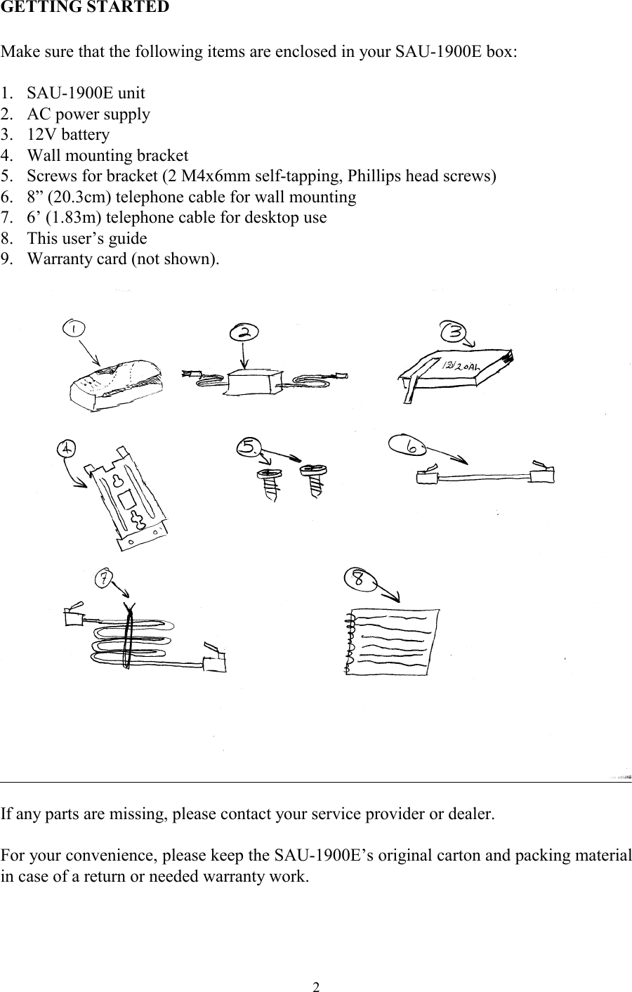  2GETTING STARTED  Make sure that the following items are enclosed in your SAU-1900E box:  1. SAU-1900E unit 2.  AC power supply 3. 12V battery 4.  Wall mounting bracket 5.  Screws for bracket (2 M4x6mm self-tapping, Phillips head screws) 6.  8” (20.3cm) telephone cable for wall mounting 7.  6’ (1.83m) telephone cable for desktop use 8.  This user’s guide 9.  Warranty card (not shown).    If any parts are missing, please contact your service provider or dealer.  For your convenience, please keep the SAU-1900E’s original carton and packing material in case of a return or needed warranty work.  