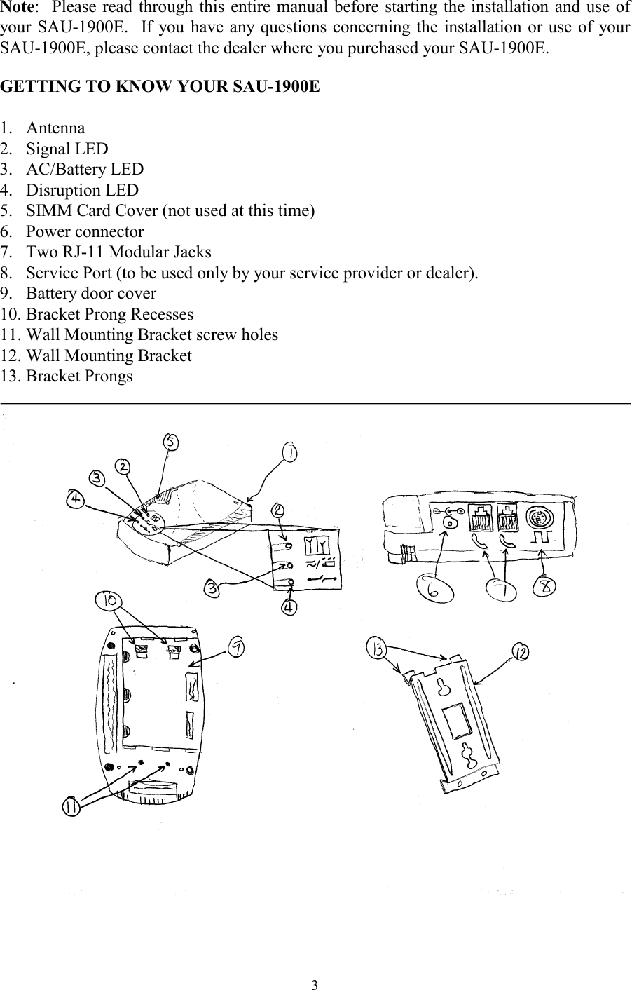  3Note:  Please read through this entire manual before starting the installation and use of your SAU-1900E.  If you have any questions concerning the installation or use of your SAU-1900E, please contact the dealer where you purchased your SAU-1900E. GETTING TO KNOW YOUR SAU-1900E  1. Antenna 2. Signal LED 3. AC/Battery LED 4. Disruption LED 5.  SIMM Card Cover (not used at this time) 6. Power connector 7.  Two RJ-11 Modular Jacks 8.  Service Port (to be used only by your service provider or dealer). 9.  Battery door cover  10. Bracket Prong Recesses 11. Wall Mounting Bracket screw holes 12. Wall Mounting Bracket 13. Bracket Prongs    