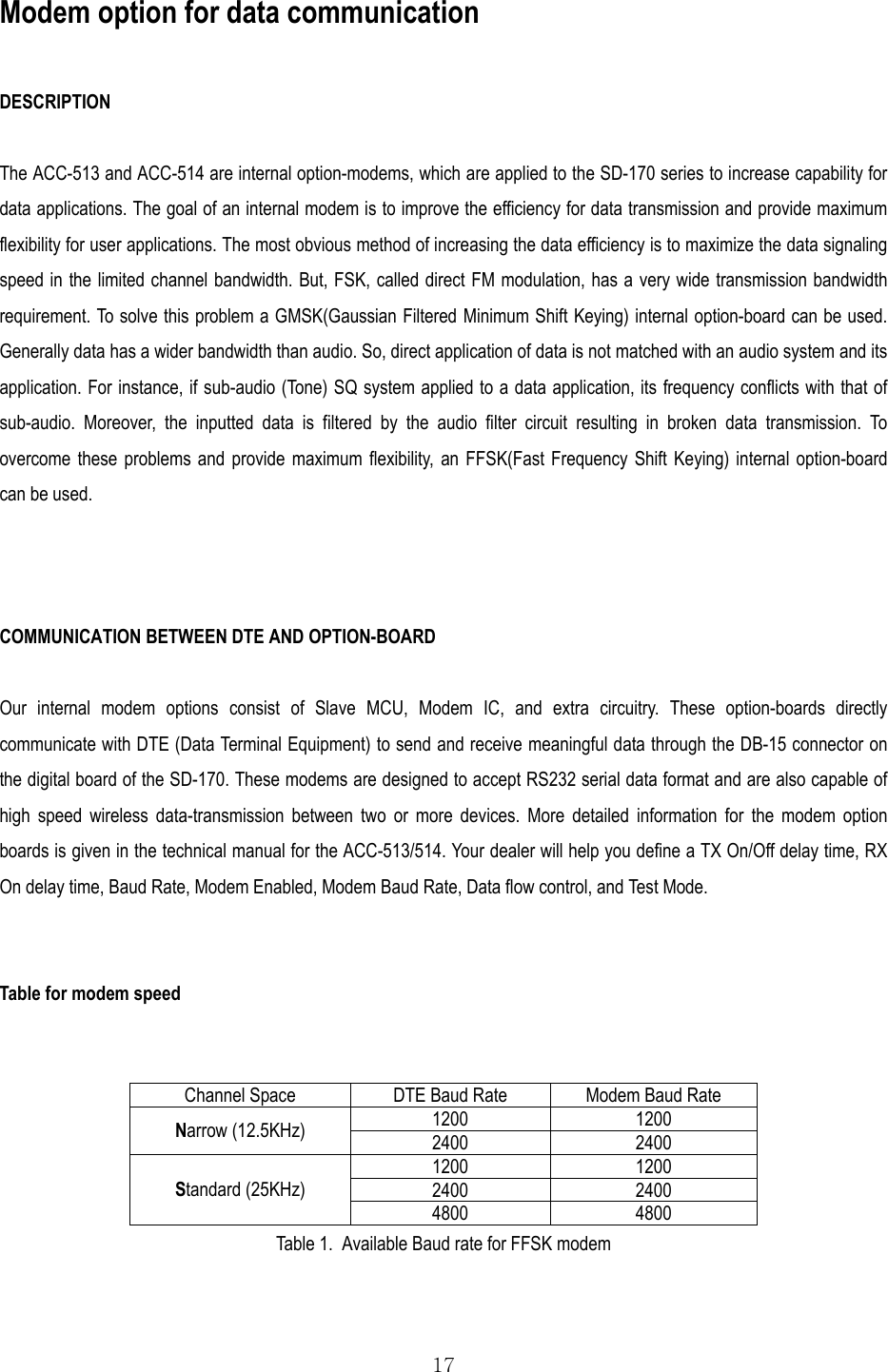  17 Modem option for data communication  DESCRIPTION  The ACC-513 and ACC-514 are internal option-modems, which are applied to the SD-170 series to increase capability for data applications. The goal of an internal modem is to improve the efficiency for data transmission and provide maximum flexibility for user applications. The most obvious method of increasing the data efficiency is to maximize the data signaling speed in the limited channel bandwidth. But, FSK, called direct FM modulation, has a very wide transmission bandwidth requirement. To solve this problem a GMSK(Gaussian Filtered Minimum Shift Keying) internal option-board can be used. Generally data has a wider bandwidth than audio. So, direct application of data is not matched with an audio system and its application. For instance, if sub-audio (Tone) SQ system applied to a data application, its frequency conflicts with that of sub-audio. Moreover, the inputted data is filtered by the audio filter circuit resulting in broken data transmission. To overcome these problems and provide maximum flexibility, an FFSK(Fast Frequency Shift Keying) internal option-board can be used.    COMMUNICATION BETWEEN DTE AND OPTION-BOARD  Our internal modem options consist of Slave MCU, Modem IC, and extra circuitry. These option-boards directly communicate with DTE (Data Terminal Equipment) to send and receive meaningful data through the DB-15 connector on the digital board of the SD-170. These modems are designed to accept RS232 serial data format and are also capable of high speed wireless data-transmission between two or more devices. More detailed information for the modem option boards is given in the technical manual for the ACC-513/514. Your dealer will help you define a TX On/Off delay time, RX On delay time, Baud Rate, Modem Enabled, Modem Baud Rate, Data flow control, and Test Mode.   Table for modem speed   Channel Space  DTE Baud Rate  Modem Baud Rate 1200 1200 Narrow (12.5KHz)  2400 2400 1200 1200 2400 2400 Standard (25KHz) 4800 4800 Table 1.  Available Baud rate for FFSK modem  