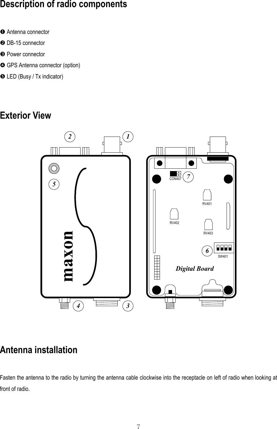  7 Description of radio components   Antenna connector  DB-15 connector  Power connector  GPS Antenna connector (option)  LED (Busy / Tx indicator)   Exterior View  RV402RV401SW401maxonRV403CON4071234576Digital Board   Antenna installation  Fasten the antenna to the radio by turning the antenna cable clockwise into the receptacle on left of radio when looking at front of radio.  