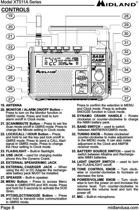 Model XT511A SeriesPage 8 midlandusa.comCONTROLSNOAA’s National Weather Service19. ANTENNA20. MONITOR / ALARM ON/OFF Button – Press to turn on the Monitor function in GMRS mode. Press and hold to turn alarm on/off in Clock mode. 21. SCAN/MINUTE Button – Press to set theScan mode on/off in GMRS mode. Press tochange the Minute setting in Clock mode.22. LOCK/CALL / HOUR Button – Press and hold to set the key pad lock on/off in GMRS mode. Press to send a CALL Alert signal in GMRS mode. Press to change the Hour setting in Clock mode.23. FLASHLIGHT – Built-in flashlight.24. USB JACK – used for charging mobile phone thru the Dynamo Crank.25. EXTERNAL SPEAKER/MIC JACK26. EXTERNAL CHARGER JACK – Whenusing the AC or DC Adapter the recharge-able battery pack MUST be installed.   27. SPEAKER – Built-in speaker.28. MENU Button – Press to access Menumode in GMRS/FRS and WX mode. Pressand hold for 5 seconds to activate the SOSSiren.29. PTT/SELECT/SNOOZE  Button – Pressand hold to transmit voice communicationin GMRS mode. Press to confirm the selection in MENU and Clock mode. Press to activate SNOOZE function in Clock mode.30. DYNAMO CRANK HANDLE – Rotateclockwise or counter-clockwise to chargethe NiMH battery pack.31. BAND SWITCH – used to switch between AM/FM/WX/GMRS mode.32. TUNING KNOB – Rotate clockwise/ counter-clockwise to make adjustment in the MENU mode. It can also make adjusment in the Clock and AM/FM receiver mode.33. BATTERY SOURCE SWITCH – used to switch between Alkaline and Recharge- able NiMH batteries.34. LIGHT ON/OFF SWITCH – used to turnthe FLASHLIGHT on/off.35. TONE CONTROL KNOB – Turn clock-wise or counter-clockwise to increase ordecrease the tone.36. POWER/VOLUME  KNOB – Turn clock-wise to turn the power on and increase thevolume level. Turn counter-clockwise todecrease the volume level and turn thepower off.37. MIC – Built-in microphone.19363534333231302928272625242322212037