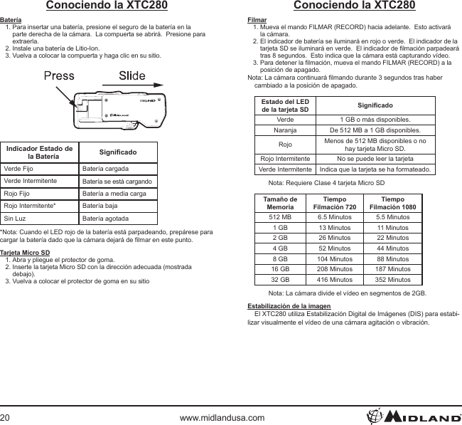 20 www.midlandusa.comConociendo la XTC280Batería1. Para insertar una batería, presione el seguro de la batería en la parte derecha de la cámara.  La compuerta se abrirá.  Presione para extraerla.2. Instale una batería de Litio-Ion.3. Vuelva a colocar la compuerta y haga clic en su sitio.Indicador Estado de la Batería  SignicadoVerde Fijo Batería cargadaVerde Intermitente Batería se está cargandoRojo Fijo Batería a media carga Rojo Intermitente* Batería bajaSin Luz Batería agotada*Nota: Cuando el LED rojo de la batería está parpadeando, prepárese para cargar la batería dado que la cámara dejará de lmar en este punto.Tarjeta Micro SD1. Abra y pliegue el protector de goma.2. Inserte la tarjeta Micro SD con la dirección adecuada (mostrada debajo).3. Vuelva a colocar el protector de goma en su sitio Conociendo la XTC280Filmar1. Mueva el mando FILMAR (RECORD) hacia adelante.  Esto activará la cámara.2. El indicador de batería se iluminará en rojo o verde.  El indicador de la tarjeta SD se iluminará en verde.  El indicador de lmación parpadeará tras 8 segundos.  Esto indica que la cámara está capturando vídeo.3. Para detener la lmación, mueva el mando FILMAR (RECORD) a la posición de apagado.Nota: La cámara continuará lmando durante 3 segundos tras haber cambiado a la posición de apagado.Estado del LED de la tarjeta SD SignicadoVerde 1 GB o más disponibles.Naranja De 512 MB a 1 GB disponibles.Rojo Menos de 512 MB disponibles o no hay tarjeta Micro SD.Rojo Intermitente No se puede leer la tarjetaVerde Intermitente  Indica que la tarjeta se ha formateado.Nota: Requiere Clase 4 tarjeta Micro SDTamaño deMemoriaTiempoFilmación 720TiempoFilmación 1080512 MB 6.5 Minutos 5.5 Minutos1 GB 13 Minutos 11 Minutos2 GB 26 Minutos 22 Minutos4 GB 52 Minutos 44 Minutos8 GB 104 Minutos 88 Minutos16 GB 208 Minutos 187 Minutos32 GB 416 Minutos 352 MinutosNota: La cámara divide el vídeo en segmentos de 2GB.Estabilización de la imagenEl XTC280 utiliza Estabilización Digital de Imágenes (DIS) para estabi-lizar visualmente el vídeo de una cámara agitación o vibración.