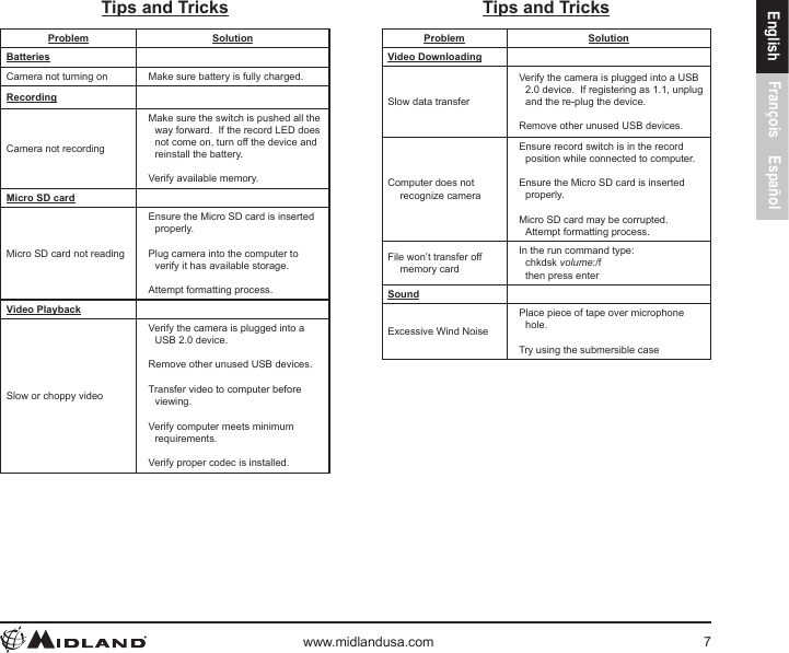 www.midlandusa.com 7English François EspañolTips and TricksProblem SolutionBatteriesCamera not turning on Make sure battery is fully charged.RecordingCamera not recordingMake sure the switch is pushed all the way forward.  If the record LED does not come on, turn off the device and reinstall the battery.Verify available memory.Micro SD cardMicro SD card not readingEnsure the Micro SD card is inserted properly.Plug camera into the computer to verify it has available storage.Attempt formatting process.Video PlaybackSlow or choppy videoVerify the camera is plugged into a USB 2.0 device.Remove other unused USB devices.Transfer video to computer before viewing.Verify computer meets minimum requirements.Verify proper codec is installed.Tips and TricksProblem SolutionVideo DownloadingSlow data transferVerify the camera is plugged into a USB 2.0 device.  If registering as 1.1, unplug and the re-plug the device.Remove other unused USB devices.Computer does not recognize cameraEnsure record switch is in the record position while connected to computer.Ensure the Micro SD card is inserted properly.Micro SD card may be corrupted. Attempt formatting process.File won’t transfer off memory cardIn the run command type: chkdsk volume:/f then press enterSoundExcessive Wind NoisePlace piece of tape over microphone hole.Try using the submersible case