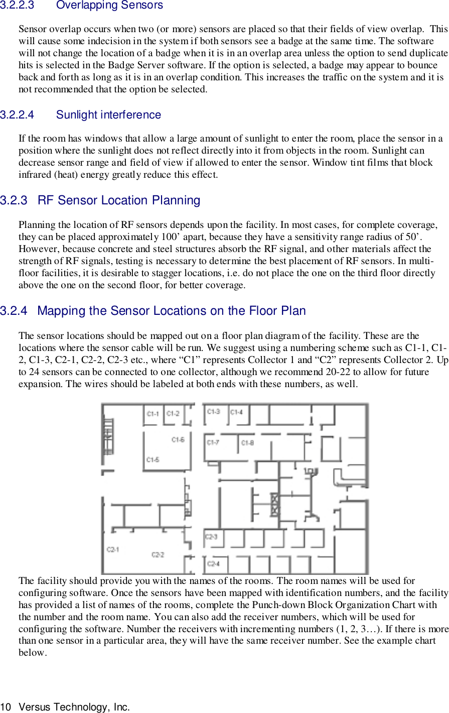 10 Versus Technology, Inc.3.2.2.3 Overlapping SensorsSensor overlap occurs when two (or more) sensors are placed so that their fields of view overlap.  Thiswill cause some indecision in the system if both sensors see a badge at the same time. The softwarewill not change the location of a badge when it is in an overlap area unless the option to send duplicatehits is selected in the Badge Server software. If the option is selected, a badge may appear to bounceback and forth as long as it is in an overlap condition. This increases the traffic on the system and it isnot recommended that the option be selected.3.2.2.4 Sunlight interferenceIf the room has windows that allow a large amount of sunlight to enter the room, place the sensor in aposition where the sunlight does not reflect directly into it from objects in the room. Sunlight candecrease sensor range and field of view if allowed to enter the sensor. Window tint films that blockinfrared (heat) energy greatly reduce this effect.3.2.3  RF Sensor Location PlanningPlanning the location of RF sensors depends upon the facility. In most cases, for complete coverage,they can be placed approximately 100’ apart, because they have a sensitivity range radius of 50’.However, because concrete and steel structures absorb the RF signal, and other materials affect thestrength of RF signals, testing is necessary to determine the best placement of RF sensors. In multi-floor facilities, it is desirable to stagger locations, i.e. do not place the one on the third floor directlyabove the one on the second floor, for better coverage.3.2.4  Mapping the Sensor Locations on the Floor PlanThe sensor locations should be mapped out on a floor plan diagram of the facility. These are thelocations where the sensor cable will be run. We suggest using a numbering scheme such as C1-1, C1-2, C1-3, C2-1, C2-2, C2-3 etc., where “C1” represents Collector 1 and “C2” represents Collector 2. Upto 24 sensors can be connected to one collector, although we recommend 20-22 to allow for futureexpansion. The wires should be labeled at both ends with these numbers, as well.The facility should provide you with the names of the rooms. The room names will be used forconfiguring software. Once the sensors have been mapped with identification numbers, and the facilityhas provided a list of names of the rooms, complete the Punch-down Block Organization Chart withthe number and the room name. You can also add the receiver numbers, which will be used forconfiguring the software. Number the receivers with incrementing numbers (1, 2, 3…). If there is morethan one sensor in a particular area, they will have the same receiver number. See the example chartbelow.