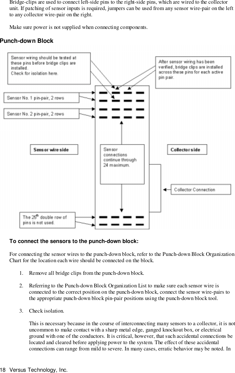 18 Versus Technology, Inc.Bridge-clips are used to connect left-side pins to the right-side pins, which are wired to the collectorunit. If patching of sensor inputs is required, jumpers can be used from any sensor wire-pair on the leftto any collector wire-pair on the right.Make sure power is not supplied when connecting components.Punch-down BlockTo connect the sensors to the punch-down block:For connecting the sensor wires to the punch-down block, refer to the Punch-down Block OrganizationChart for the location each wire should be connected on the block.1. Remove all bridge clips from the punch-down block.2. Referring to the Punch-down Block Organization List to make sure each sensor wire isconnected to the correct position on the punch-down block, connect the sensor wire-pairs tothe appropriate punch-down block pin-pair positions using the punch-down block tool.3. Check isolation.This is necessary because in the course of interconnecting many sensors to a collector, it is notuncommon to make contact with a sharp metal edge, ganged knockout box, or electricalground with one of the conductors. It is critical, however, that such accidental connections belocated and cleared before applying power to the system. The effect of these accidentalconnections can range from mild to severe. In many cases, erratic behavior may be noted. In
