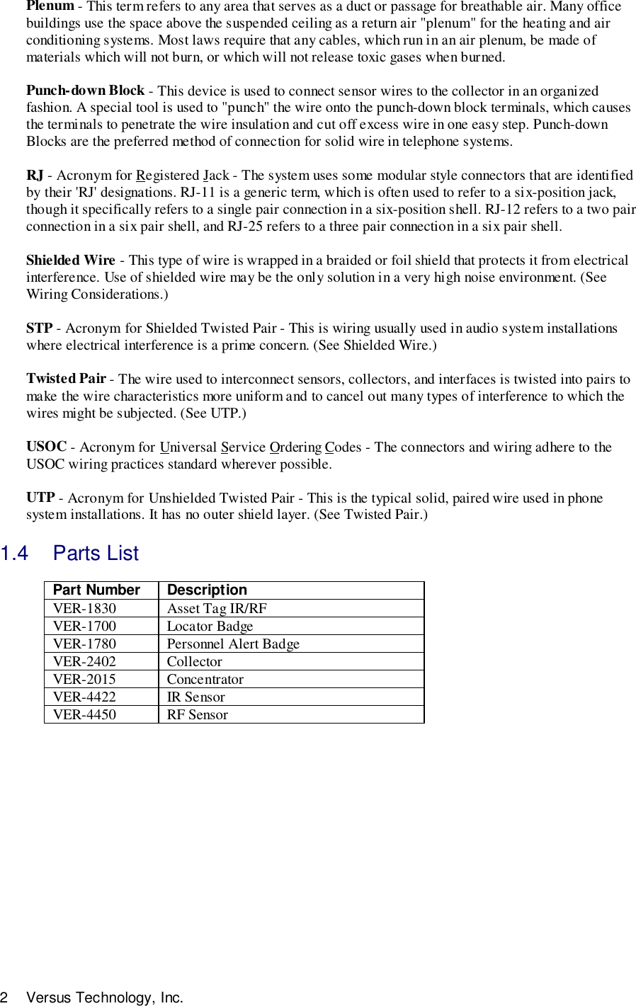 2 Versus Technology, Inc.Plenum - This term refers to any area that serves as a duct or passage for breathable air. Many officebuildings use the space above the suspended ceiling as a return air &quot;plenum&quot; for the heating and airconditioning systems. Most laws require that any cables, which run in an air plenum, be made ofmaterials which will not burn, or which will not release toxic gases when burned.Punch-down Block - This device is used to connect sensor wires to the collector in an organizedfashion. A special tool is used to &quot;punch&quot; the wire onto the punch-down block terminals, which causesthe terminals to penetrate the wire insulation and cut off excess wire in one easy step. Punch-downBlocks are the preferred method of connection for solid wire in telephone systems.RJ - Acronym for Registered Jack - The system uses some modular style connectors that are identifiedby their &apos;RJ&apos; designations. RJ-11 is a generic term, which is often used to refer to a six-position jack,though it specifically refers to a single pair connection in a six-position shell. RJ-12 refers to a two pairconnection in a six pair shell, and RJ-25 refers to a three pair connection in a six pair shell.Shielded Wire - This type of wire is wrapped in a braided or foil shield that protects it from electricalinterference. Use of shielded wire may be the only solution in a very high noise environment. (SeeWiring Considerations.)STP - Acronym for Shielded Twisted Pair - This is wiring usually used in audio system installationswhere electrical interference is a prime concern. (See Shielded Wire.)Twisted Pair - The wire used to interconnect sensors, collectors, and interfaces is twisted into pairs tomake the wire characteristics more uniform and to cancel out many types of interference to which thewires might be subjected. (See UTP.)USOC - Acronym for Universal Service Ordering Codes - The connectors and wiring adhere to theUSOC wiring practices standard wherever possible.UTP - Acronym for Unshielded Twisted Pair - This is the typical solid, paired wire used in phonesystem installations. It has no outer shield layer. (See Twisted Pair.)1.4 Parts ListPart Number DescriptionVER-1830 Asset Tag IR/RFVER-1700 Locator BadgeVER-1780 Personnel Alert BadgeVER-2402 CollectorVER-2015 ConcentratorVER-4422 IR SensorVER-4450 RF Sensor