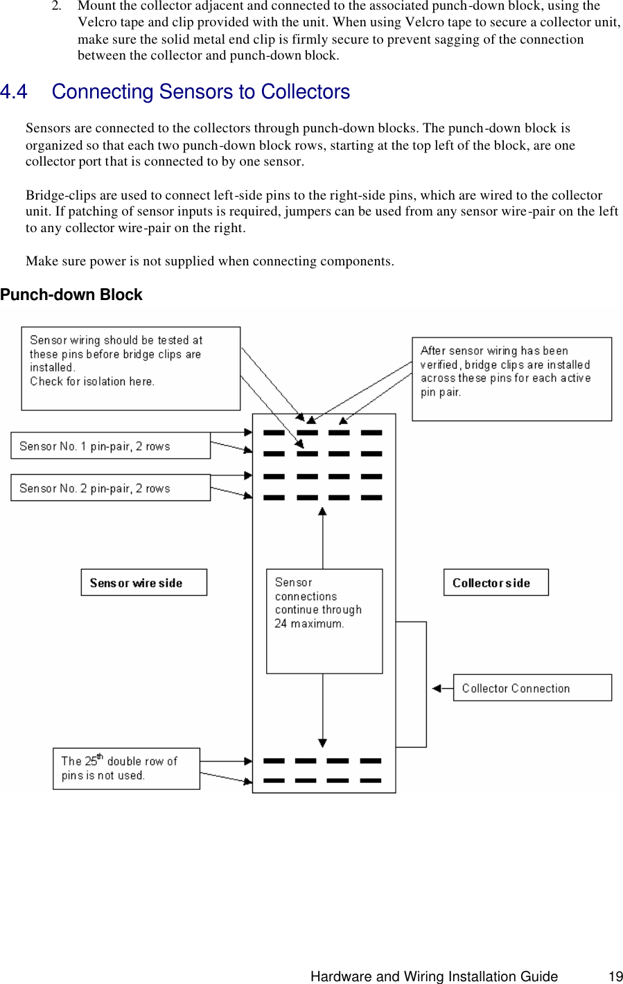                                                                               Hardware and Wiring Installation Guide 19 2. Mount the collector adjacent and connected to the associated punch-down block, using the Velcro tape and clip provided with the unit. When using Velcro tape to secure a collector unit, make sure the solid metal end clip is firmly secure to prevent sagging of the connection between the collector and punch-down block.    4.4 Connecting Sensors to Collectors  Sensors are connected to the collectors through punch-down blocks. The punch-down block is organized so that each two punch-down block rows, starting at the top left of the block, are one collector port that is connected to by one sensor.   Bridge-clips are used to connect left-side pins to the right-side pins, which are wired to the collector unit. If patching of sensor inputs is required, jumpers can be used from any sensor wire-pair on the left to any collector wire-pair on the right.  Make sure power is not supplied when connecting components.  Punch-down Block         
